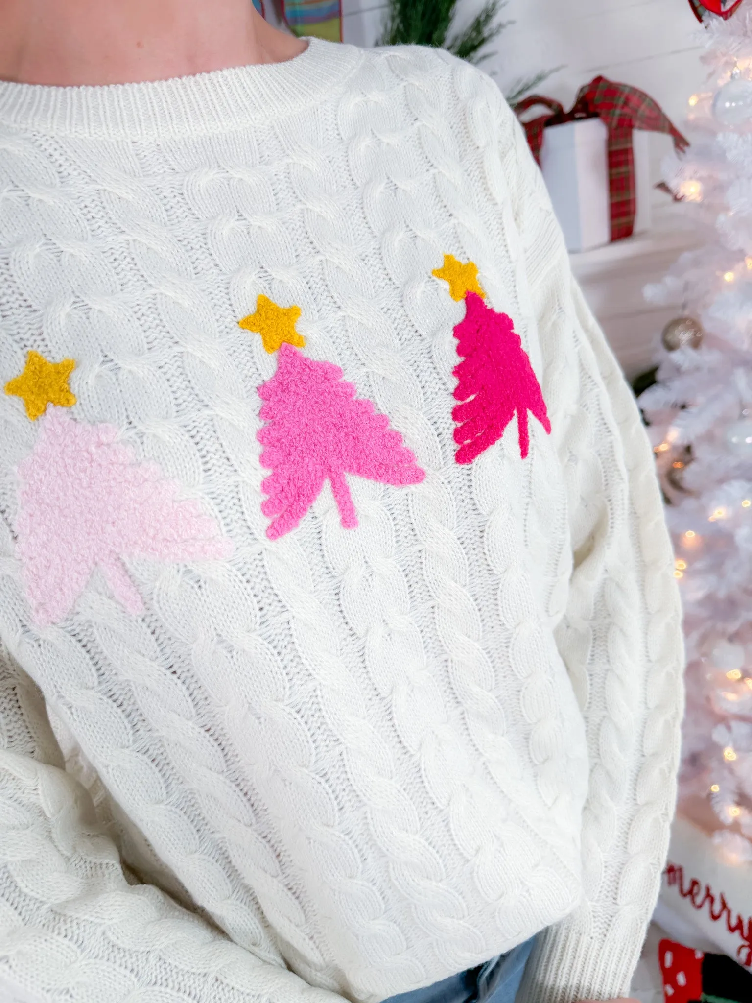 Pink Christmas Tree Ivory Cable Sweater