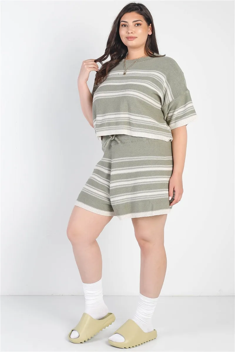 Plus Olive Striped Knit Short Sleeve Crop Top High Waist Shorts Set