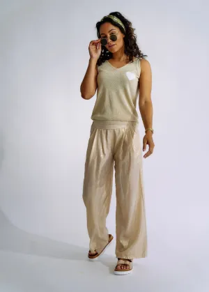 Pure Linen Italian Wide Leg Shimmer Pants in Beige