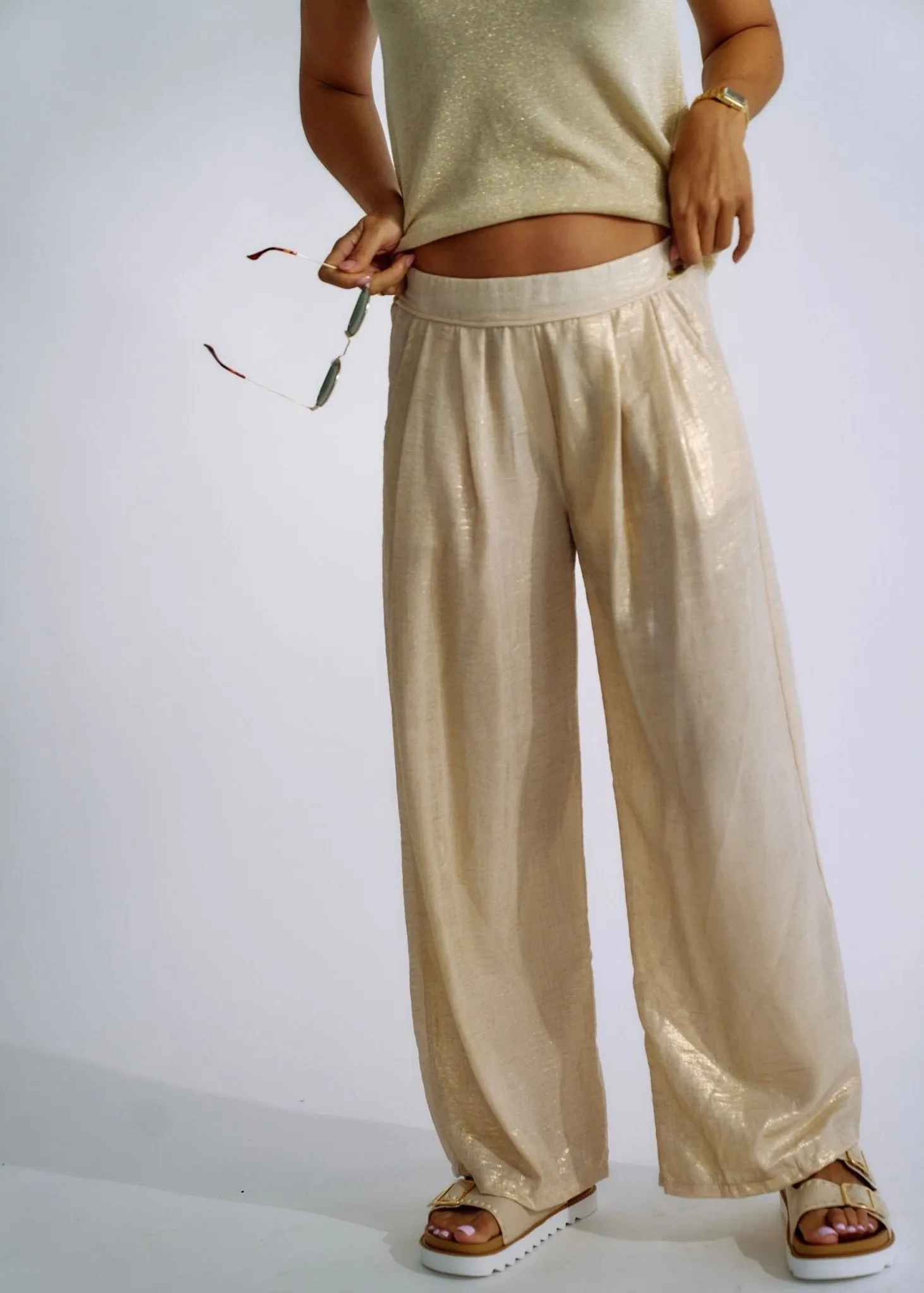 Pure Linen Italian Wide Leg Shimmer Pants in Beige