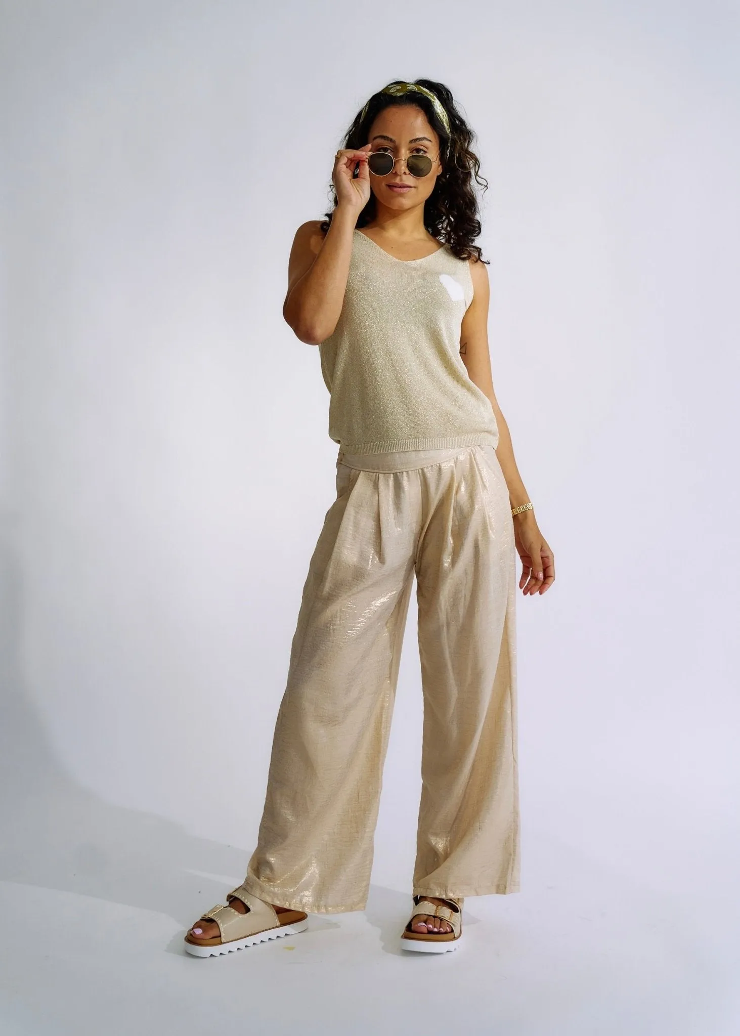 Pure Linen Italian Wide Leg Shimmer Pants in Beige