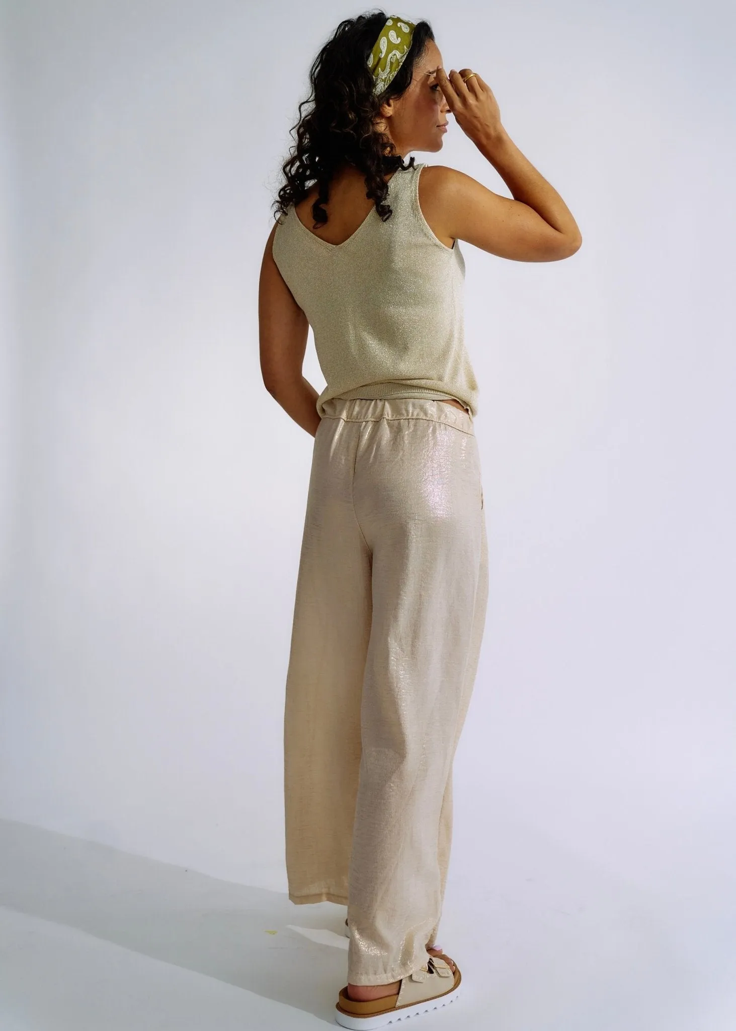 Pure Linen Italian Wide Leg Shimmer Pants in Beige