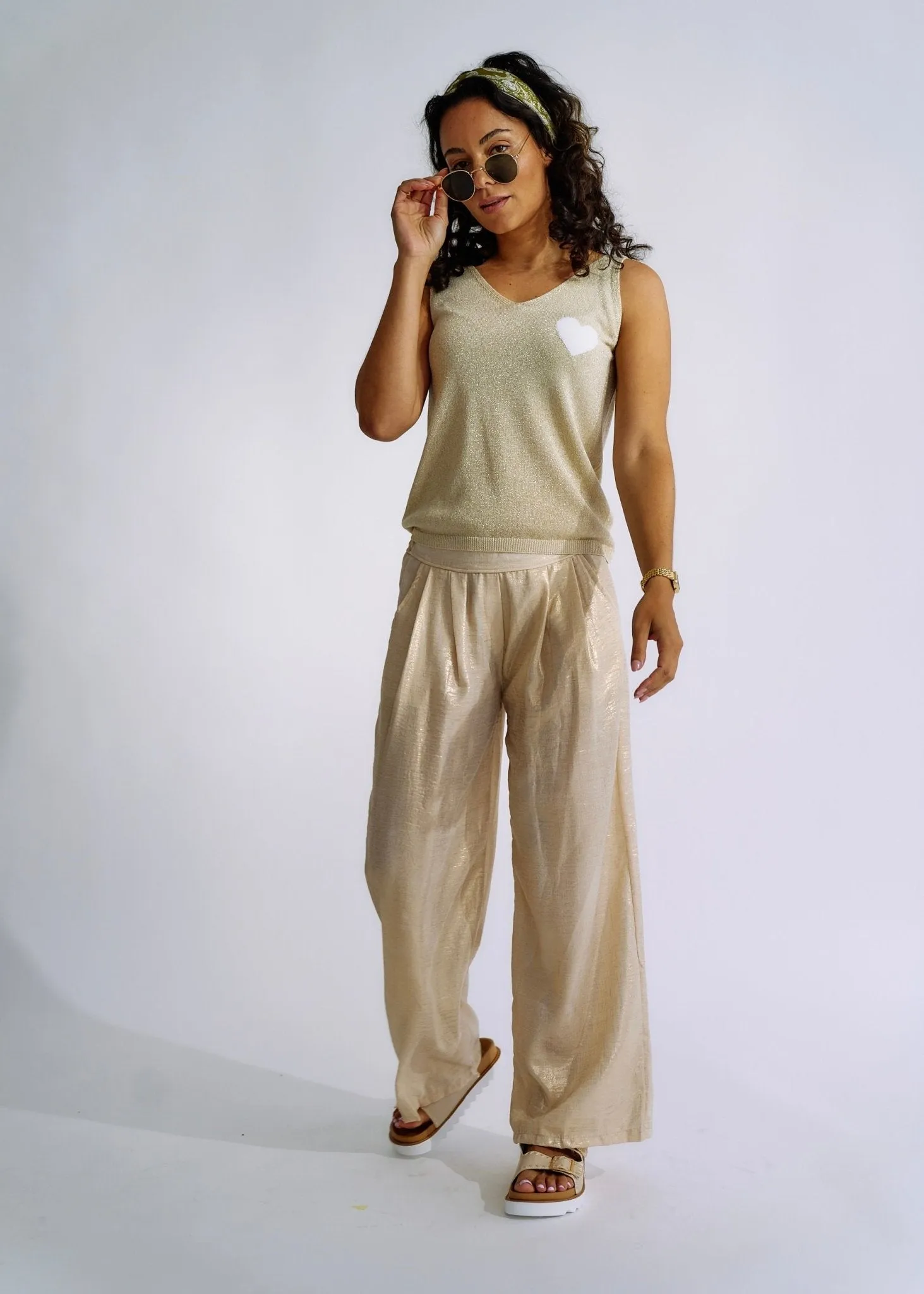 Pure Linen Italian Wide Leg Shimmer Pants in Beige