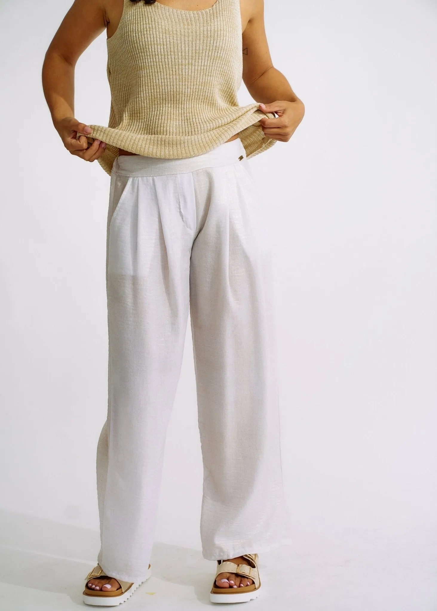 Pure Linen Italian Wide Leg Shimmer Pants in White