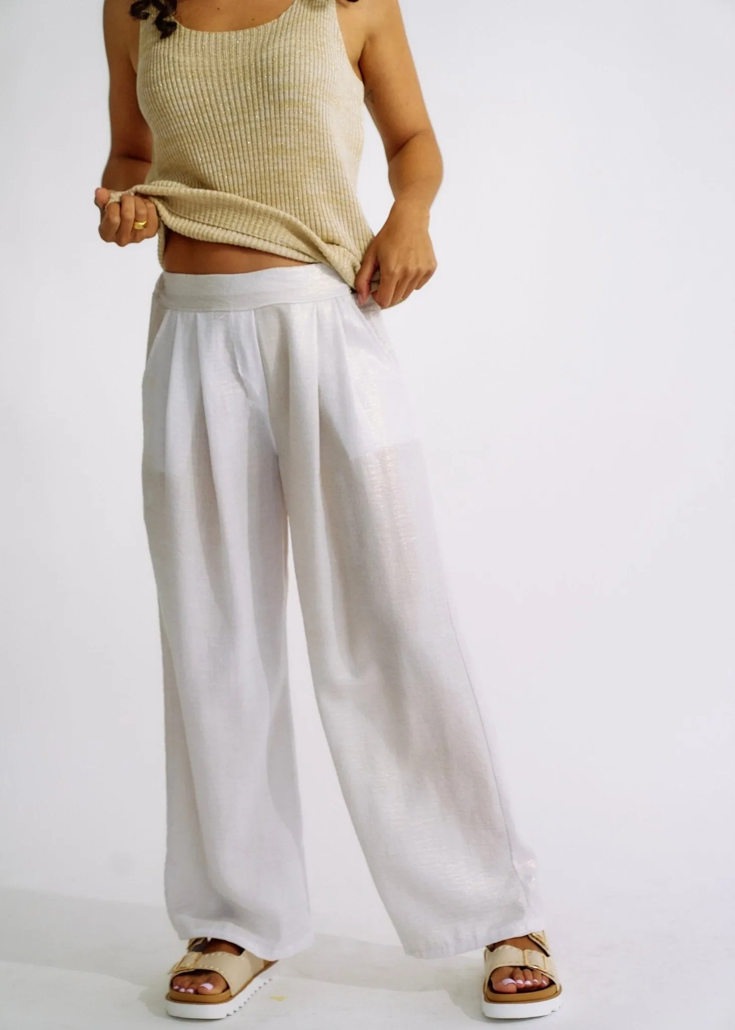 Pure Linen Italian Wide Leg Shimmer Pants in White