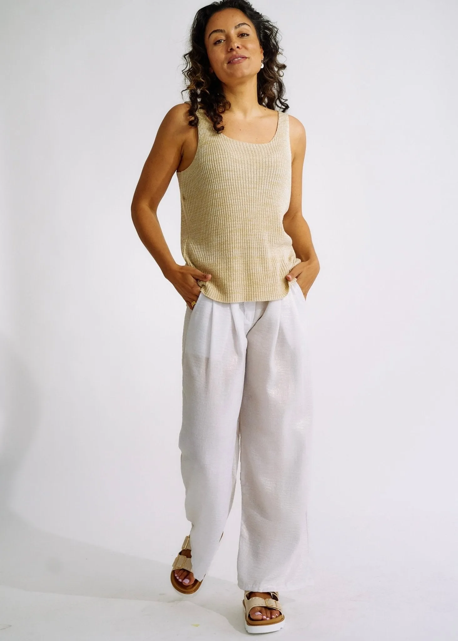 Pure Linen Italian Wide Leg Shimmer Pants in White