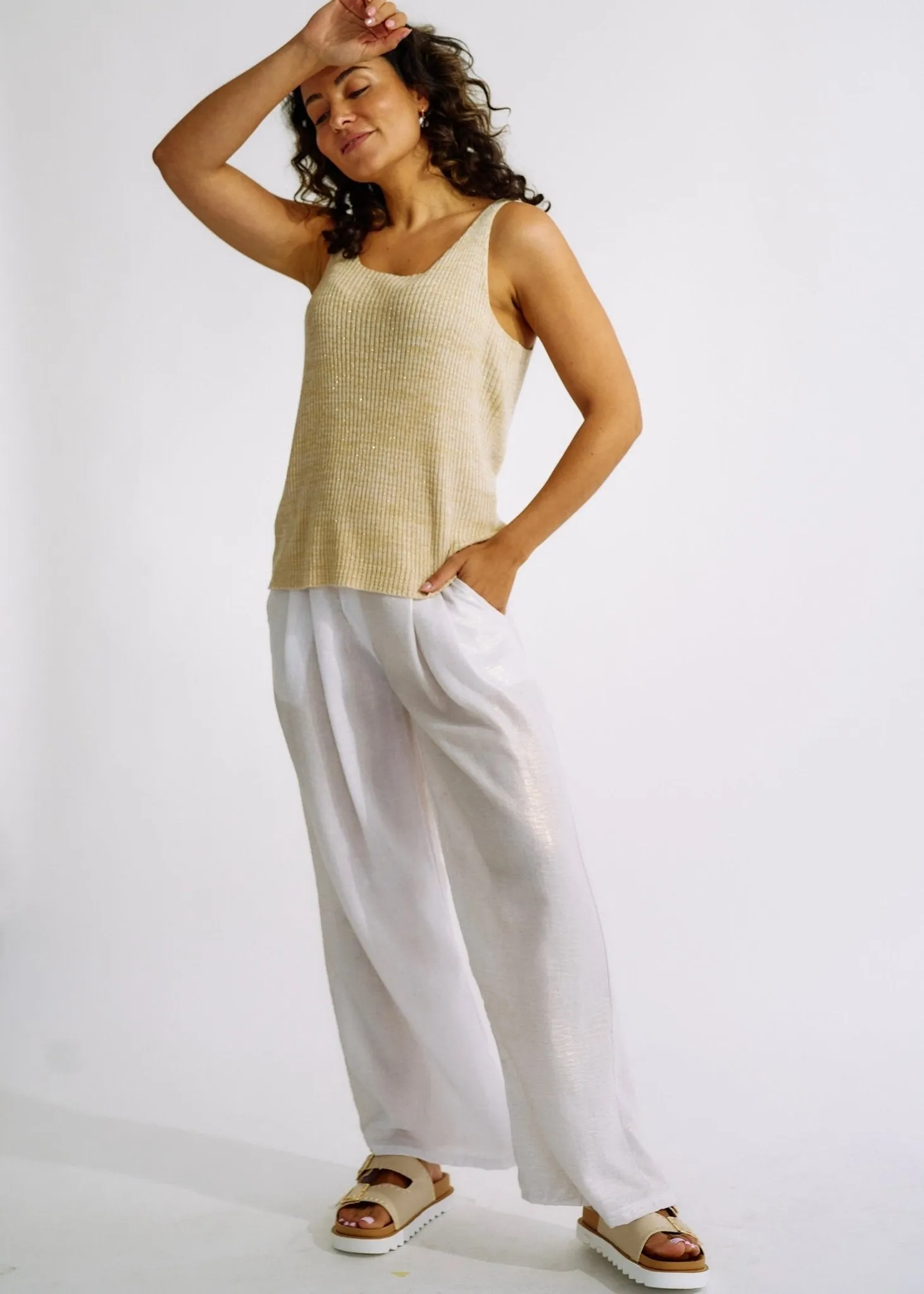 Pure Linen Italian Wide Leg Shimmer Pants in White