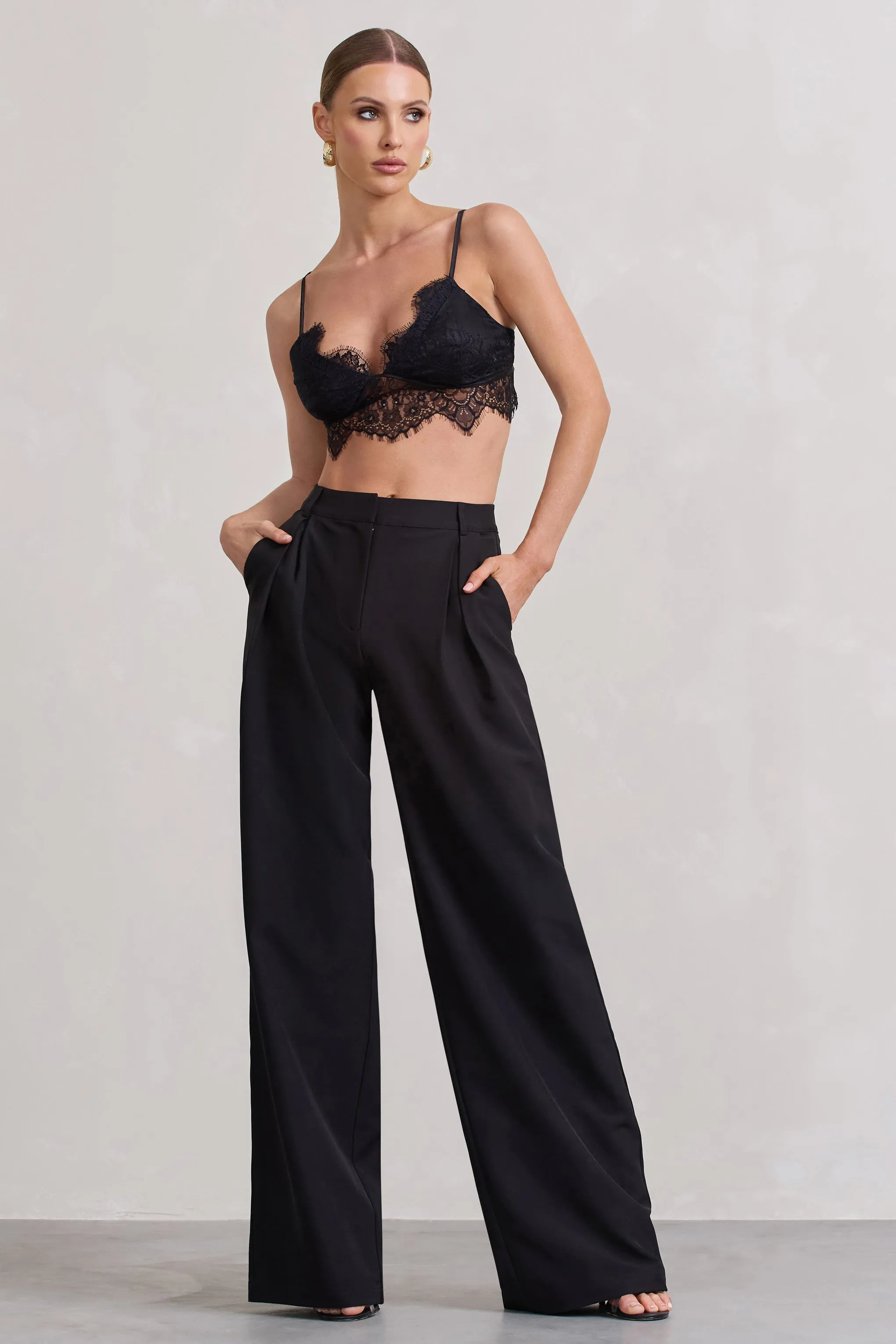 Raina | Black High Waist Pleated Wide-Leg Trousers