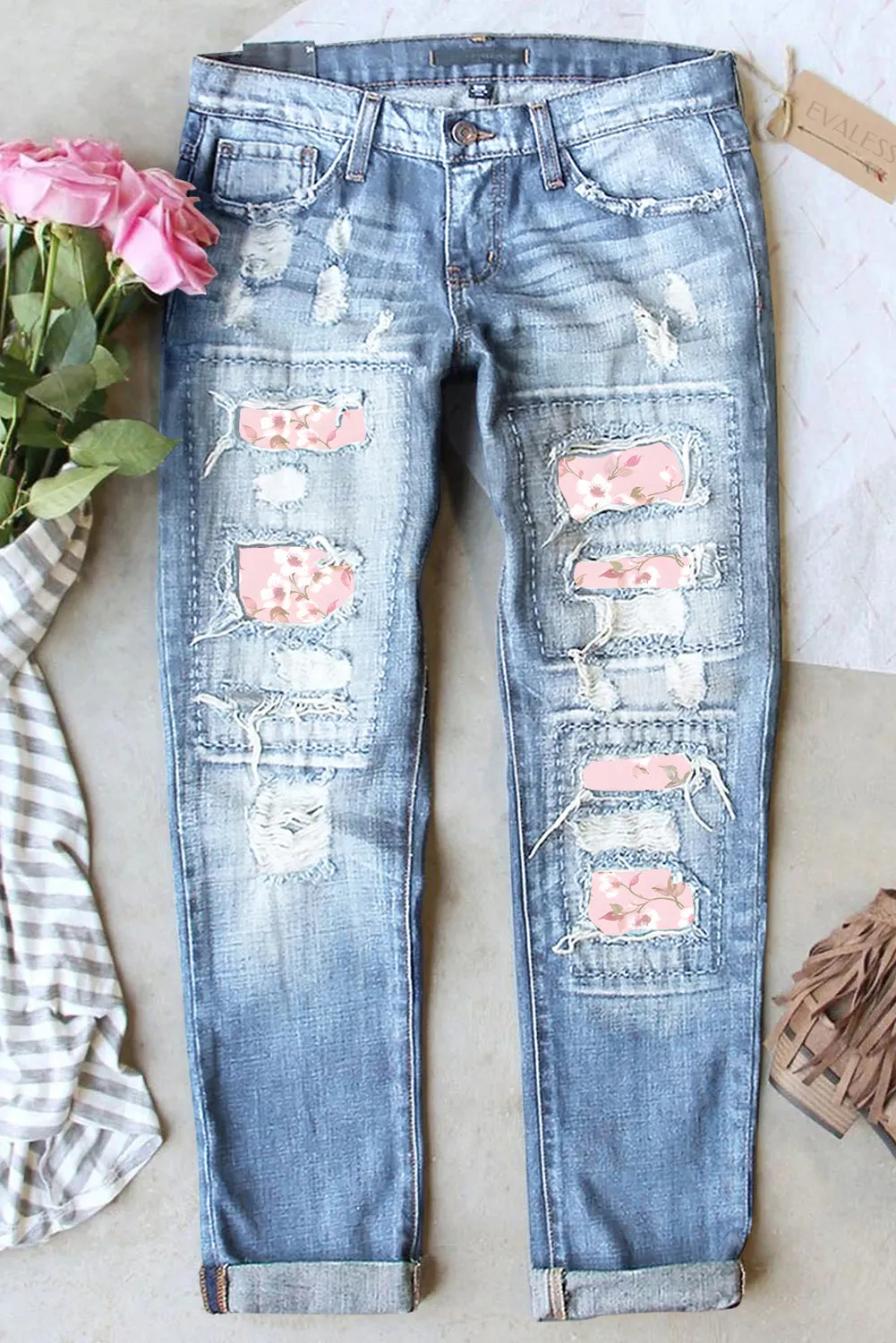 Ripped Distressed Skinny Jean Floral Print Denim Pants for Women