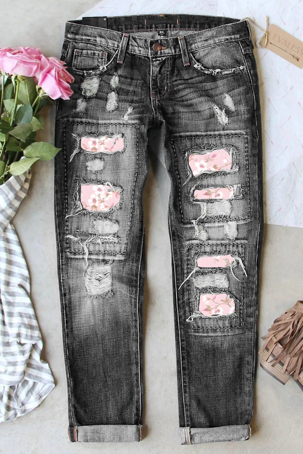 Ripped Distressed Skinny Jean Floral Print Denim Pants for Women