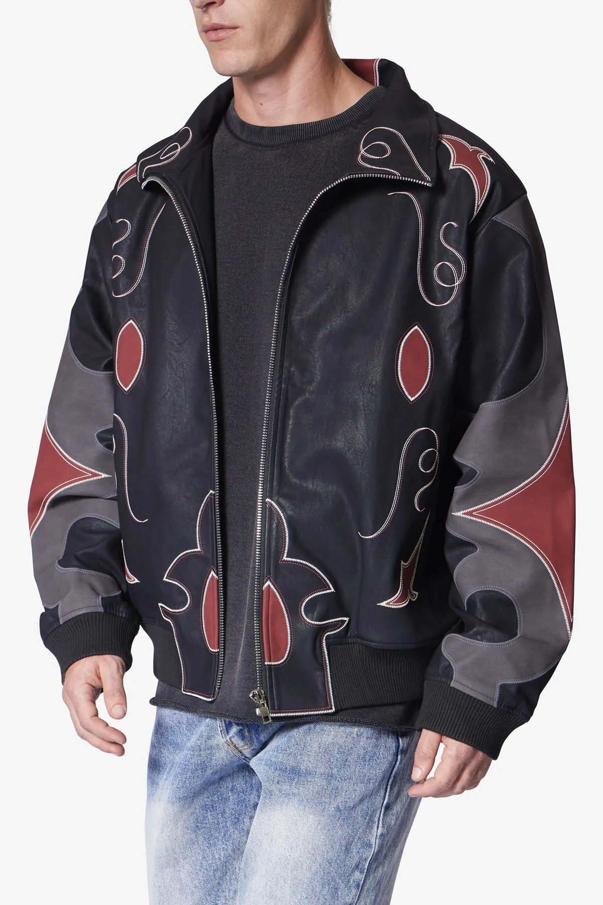 Rodeo Leather Bomber Jacket - Black/Red