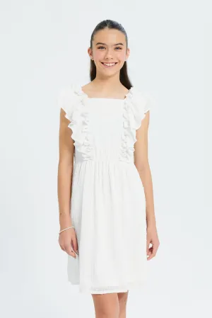 Senior Girls White Dobby Lurex Ruffled Front Dress