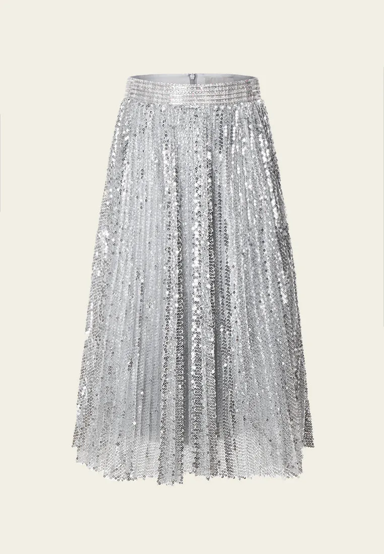 Silver Sequin Midi Skirt