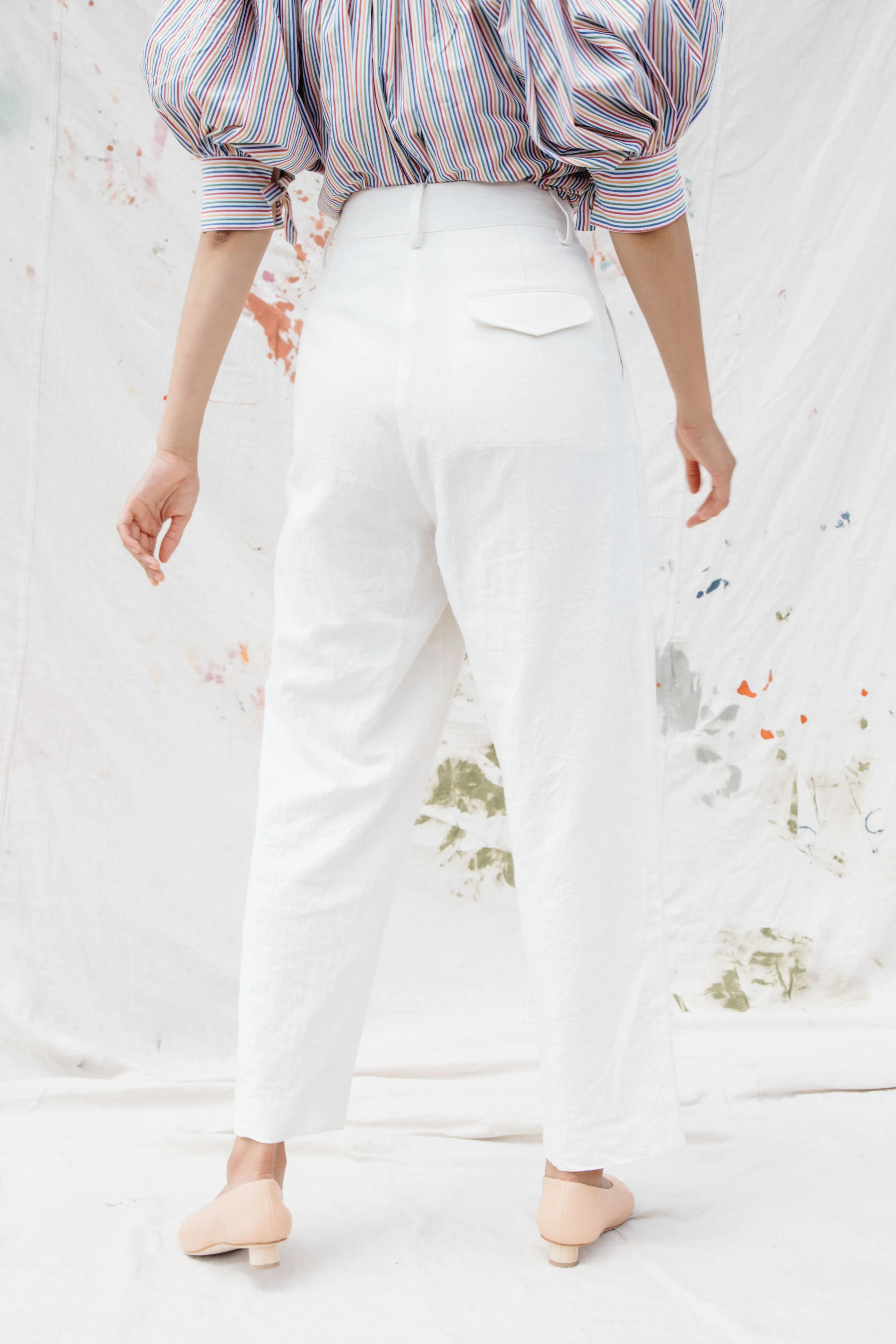 Sol Pleated Trouser - White Cotton Linen Wrinkle