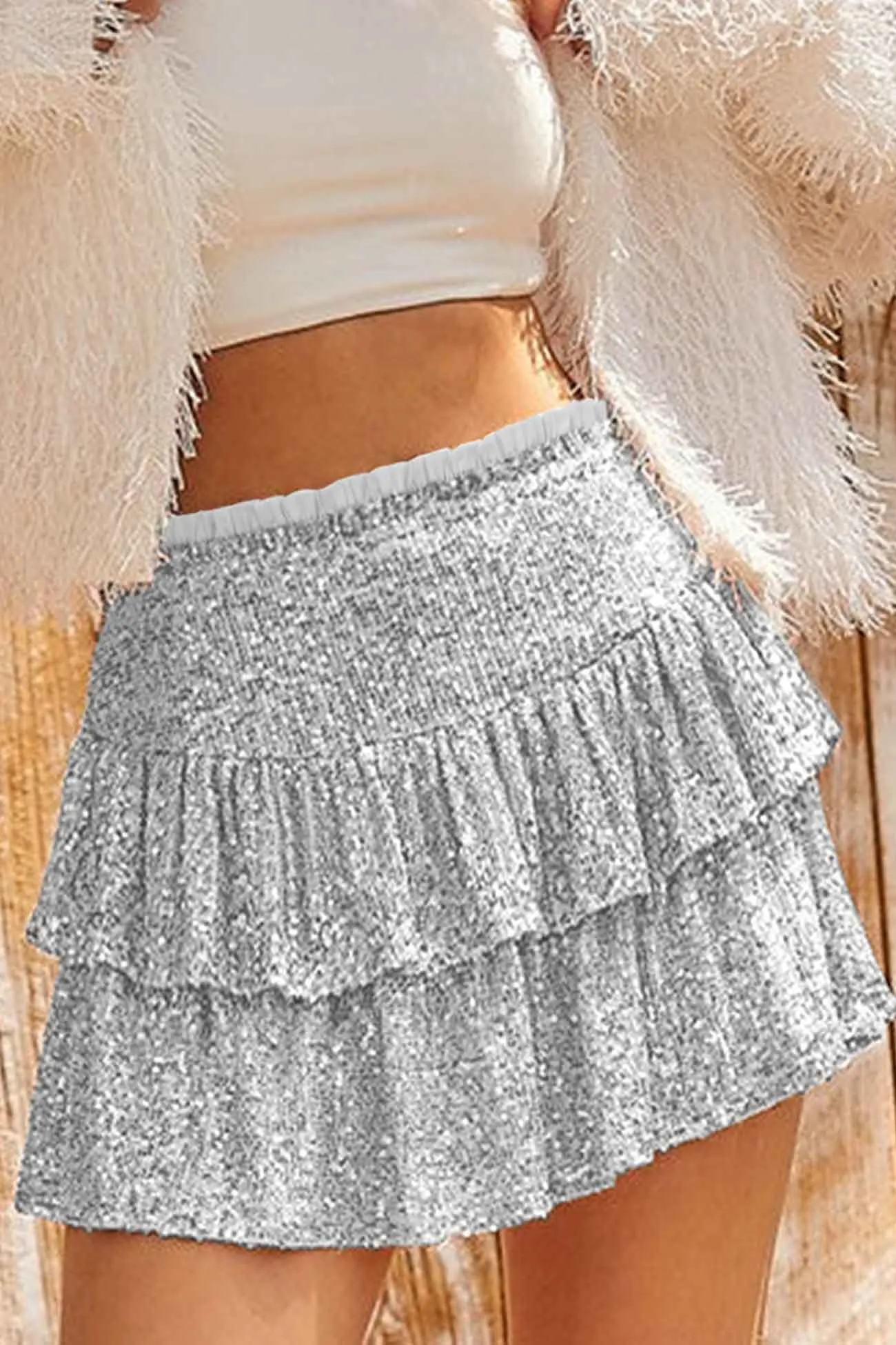 Solid Sequined Pleated Tiered Mini Skirt