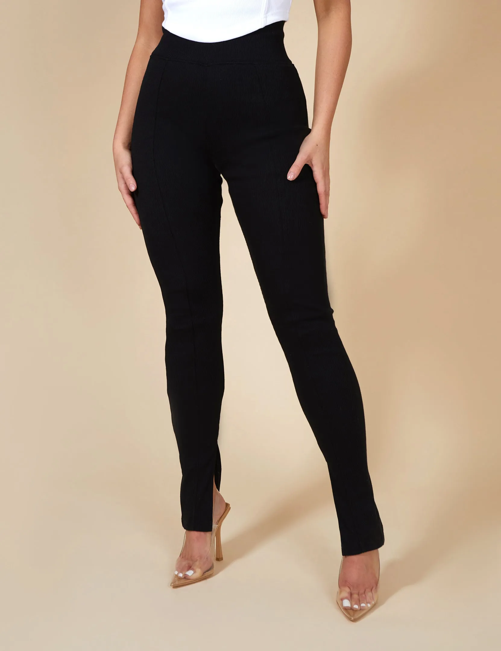 Split Hem Ribbed Leggings Black