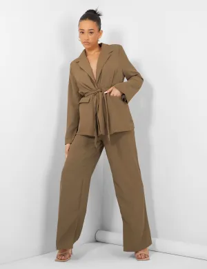 Split Hem Wide Leg Tailored Trousers Khaki