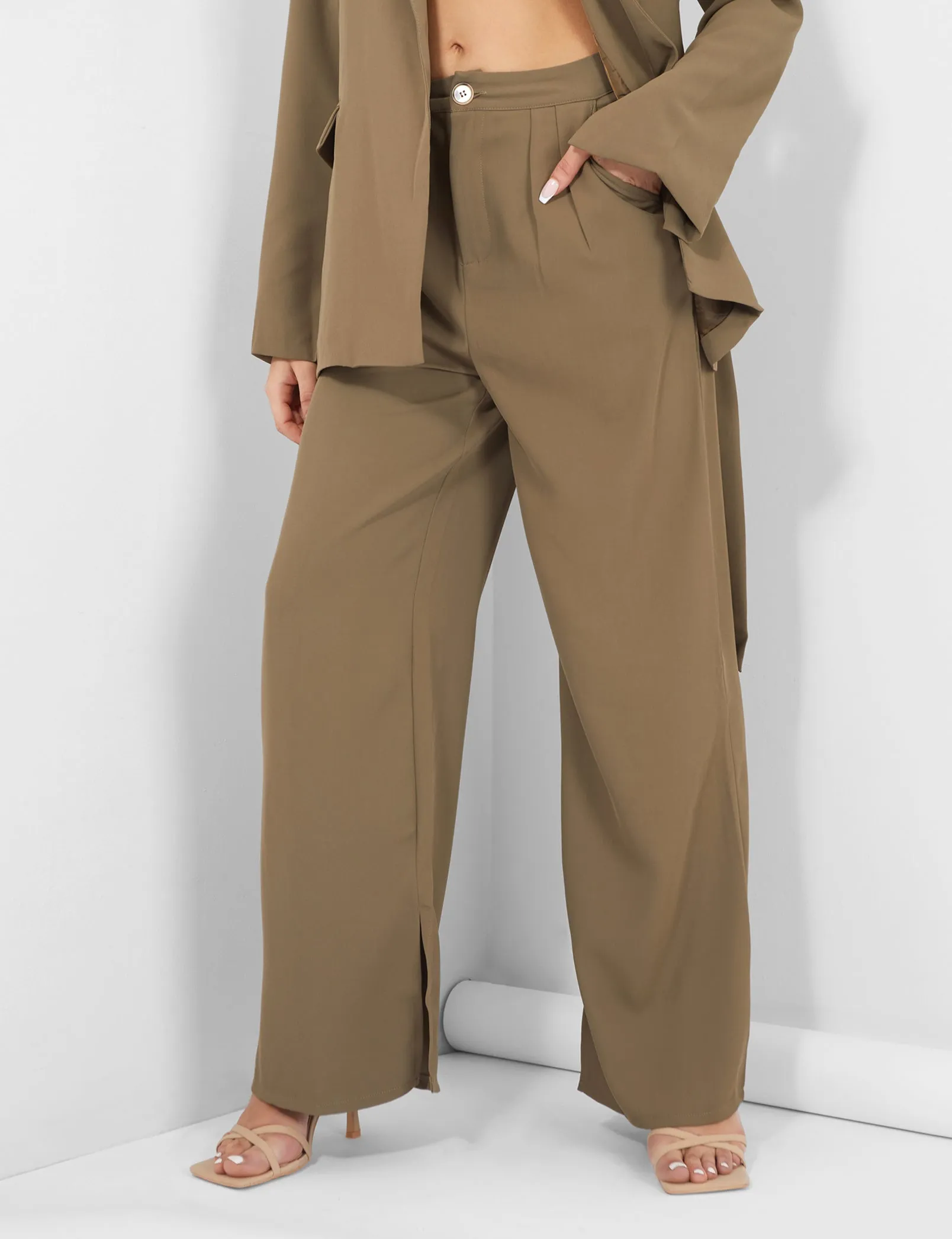 Split Hem Wide Leg Tailored Trousers Khaki