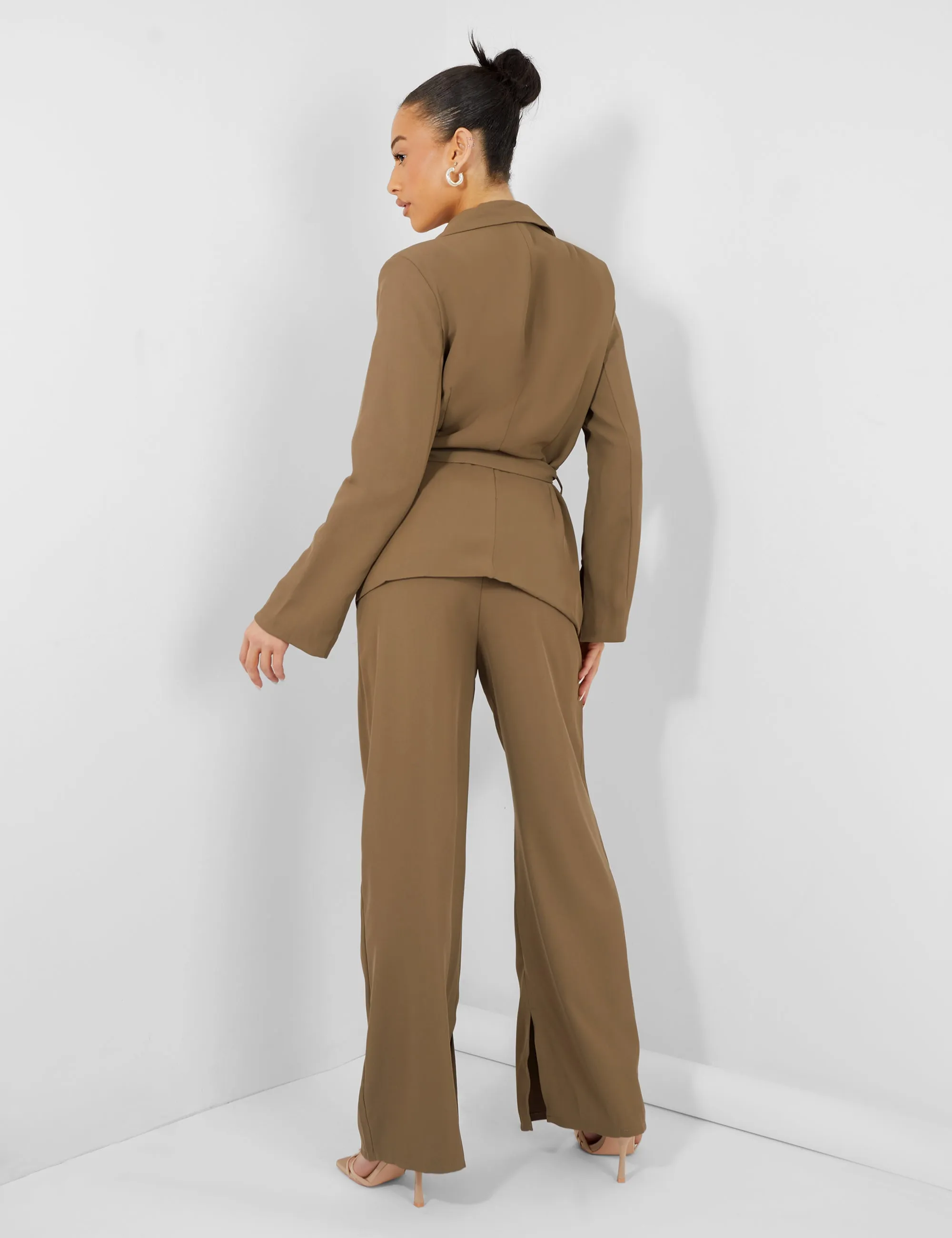 Split Hem Wide Leg Tailored Trousers Khaki