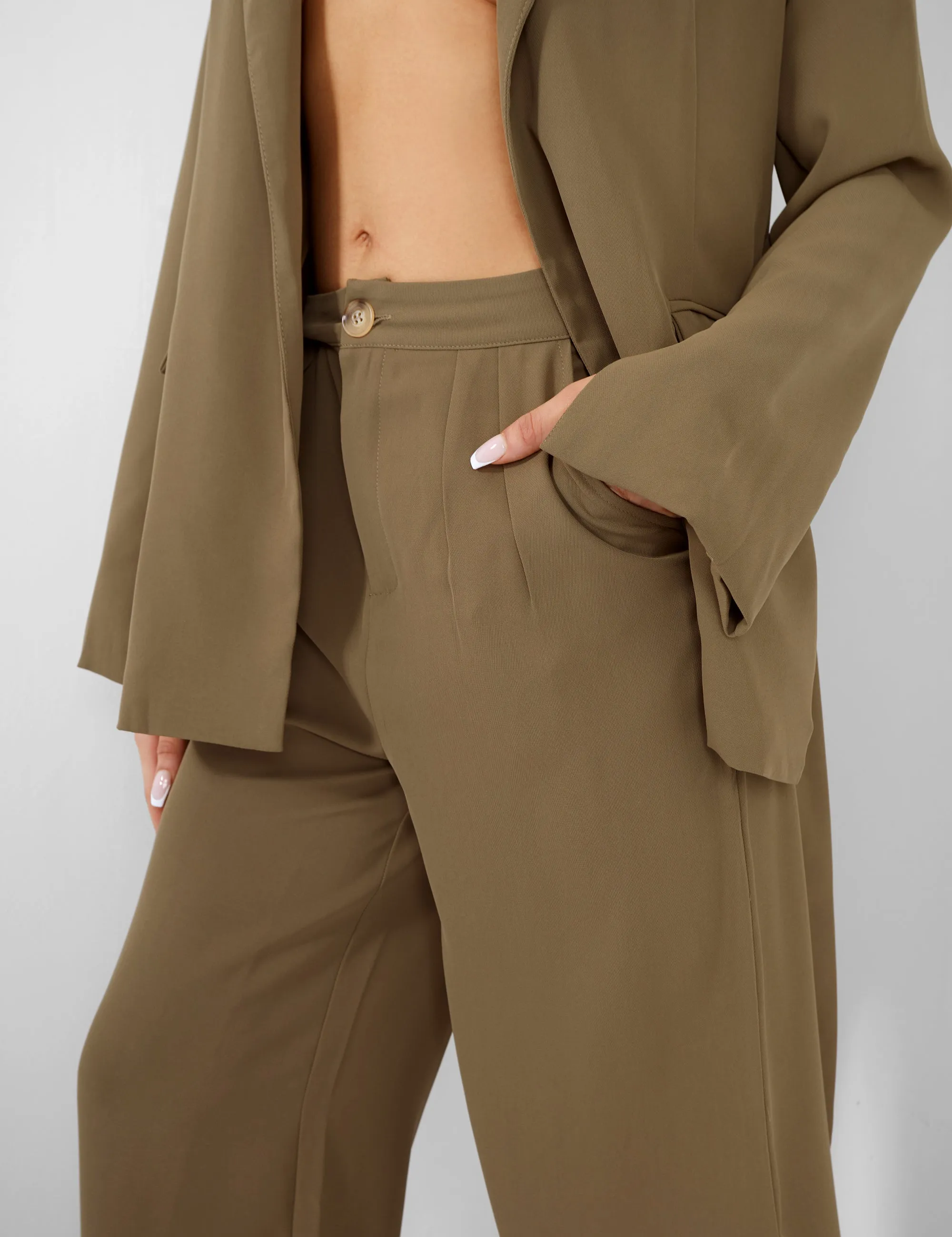 Split Hem Wide Leg Tailored Trousers Khaki