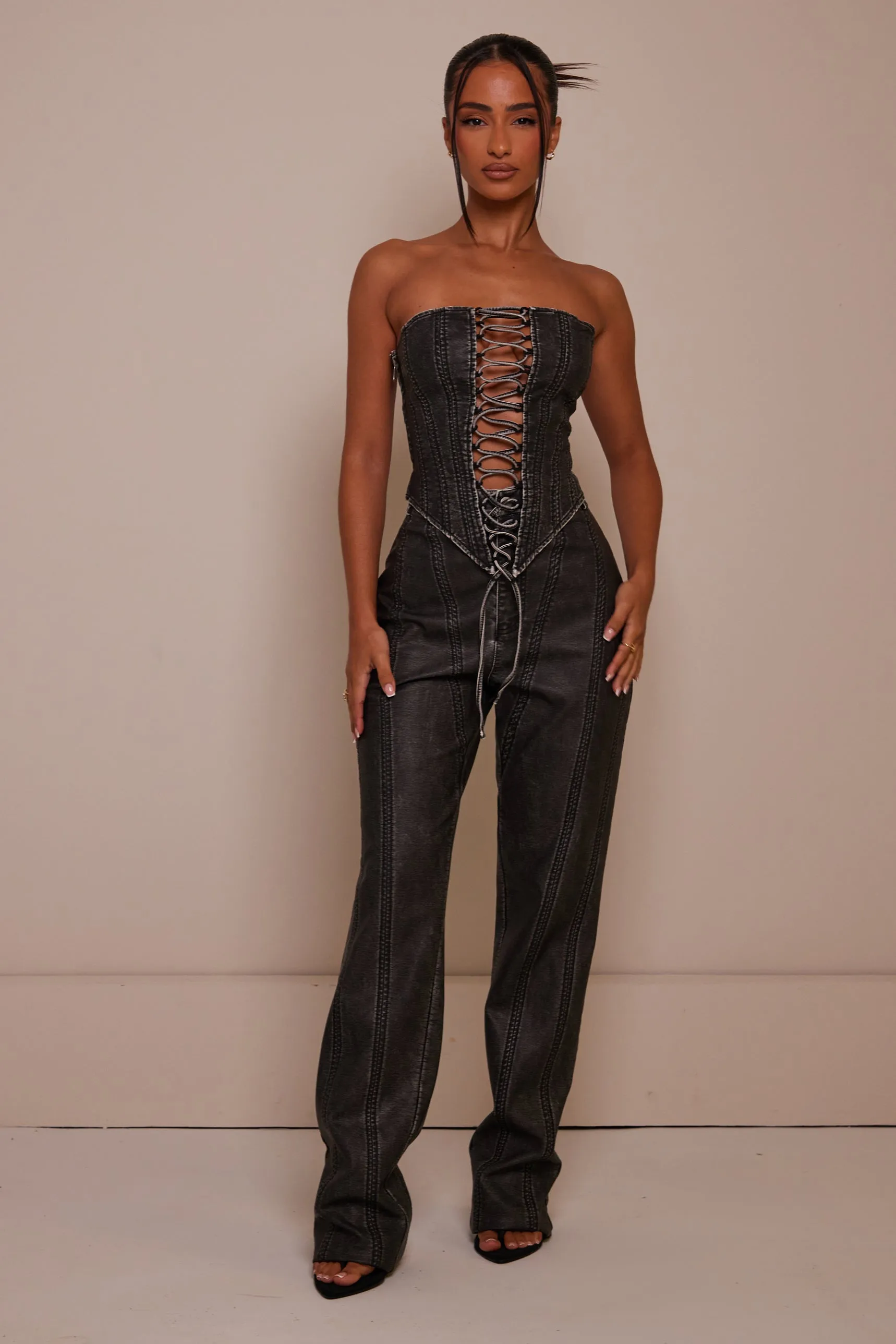 The Lace up front leather corset- Wash Black