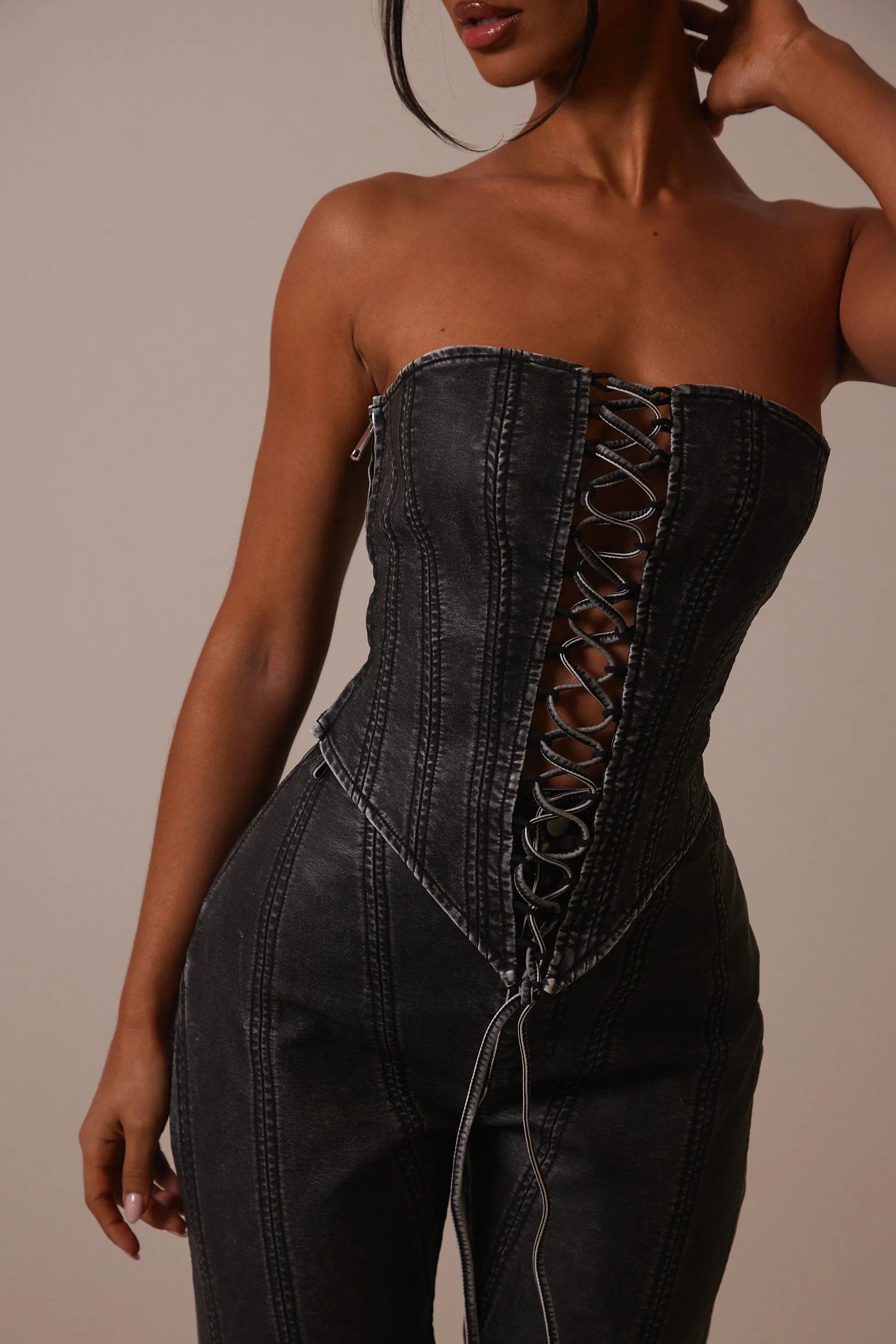 The Lace up front leather corset- Wash Black