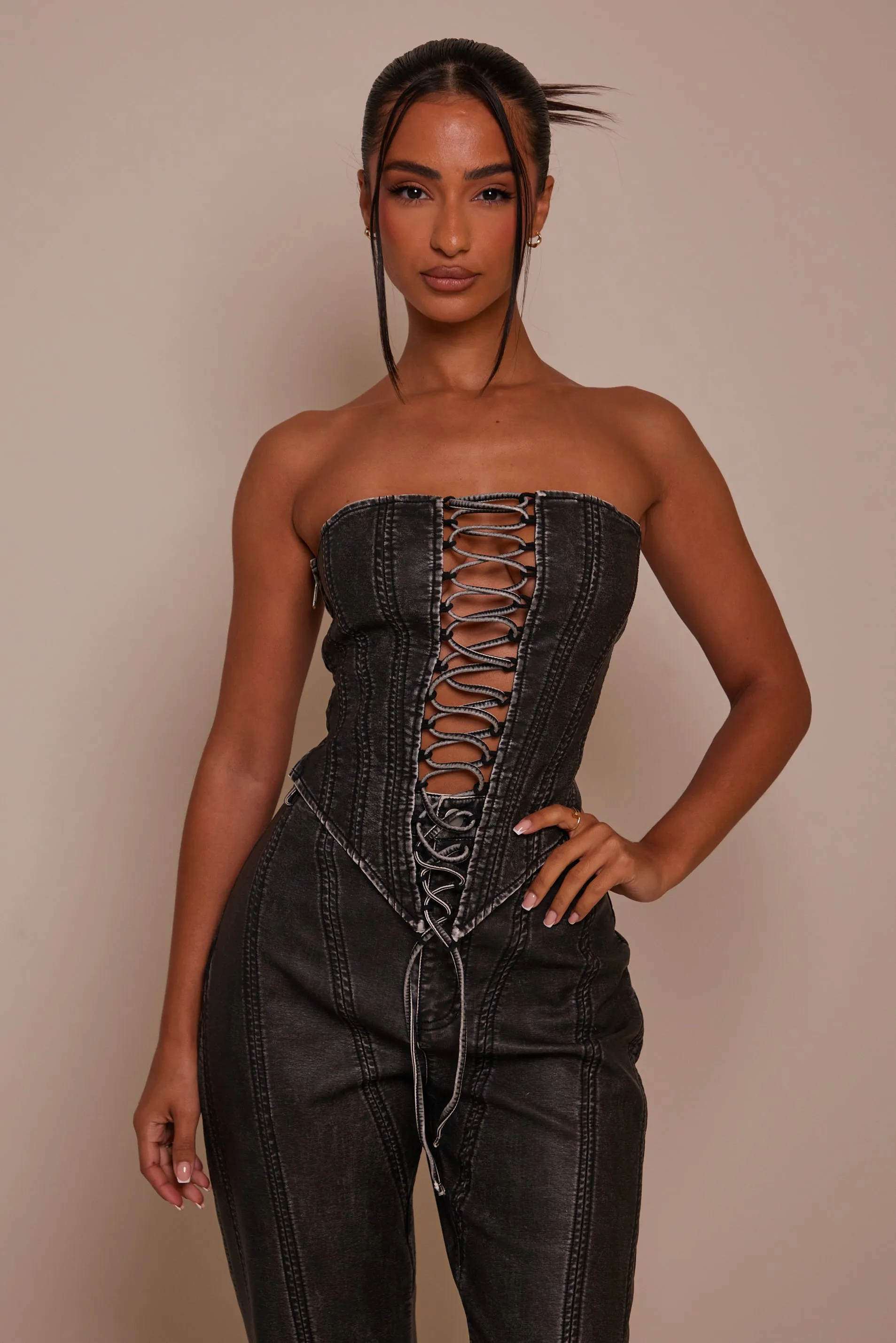 The Lace up front leather corset- Wash Black