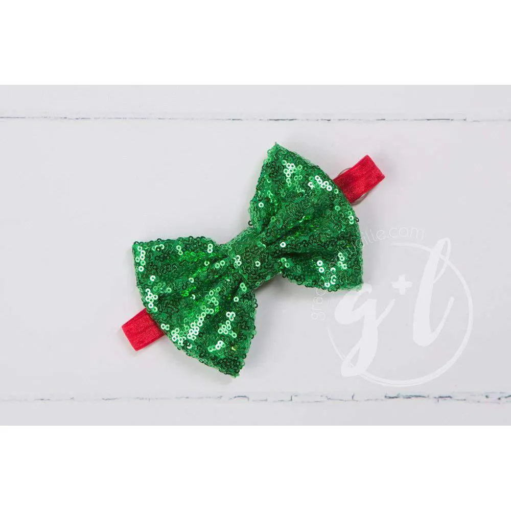 Two-in-One Sequined Bow Headband & Belt, Christmas Green Bow on Red Band