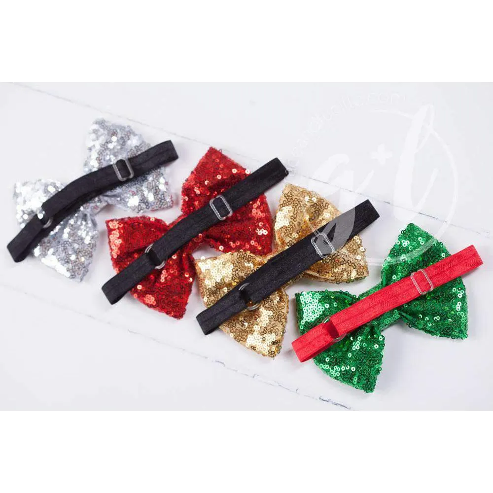 Two-in-One Sequined Bow Headband & Belt, Christmas Green Bow on Red Band