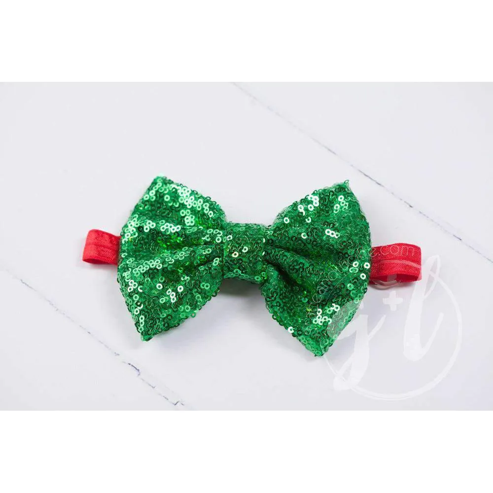 Two-in-One Sequined Bow Headband & Belt, Christmas Green Bow on Red Band