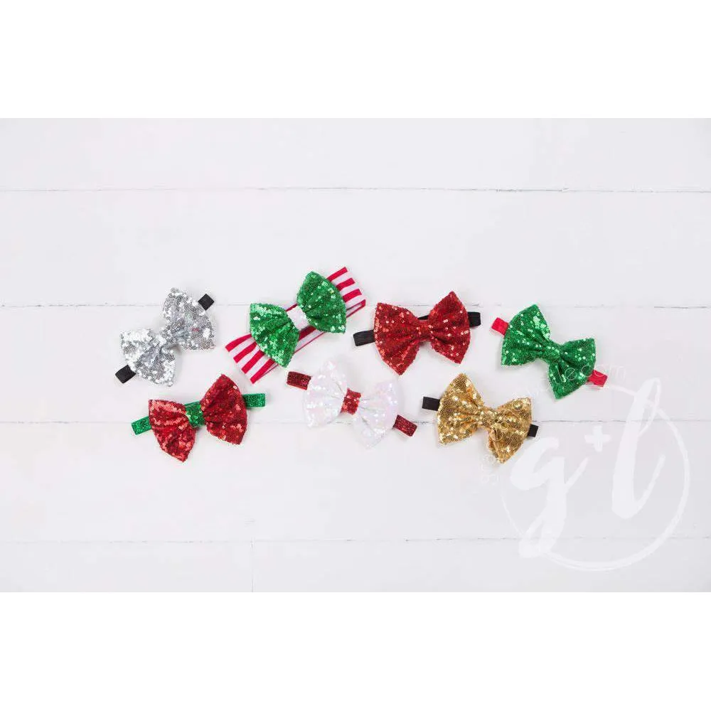 Two-in-One Sequined Bow Headband & Belt, Christmas Green Bow on Red Band