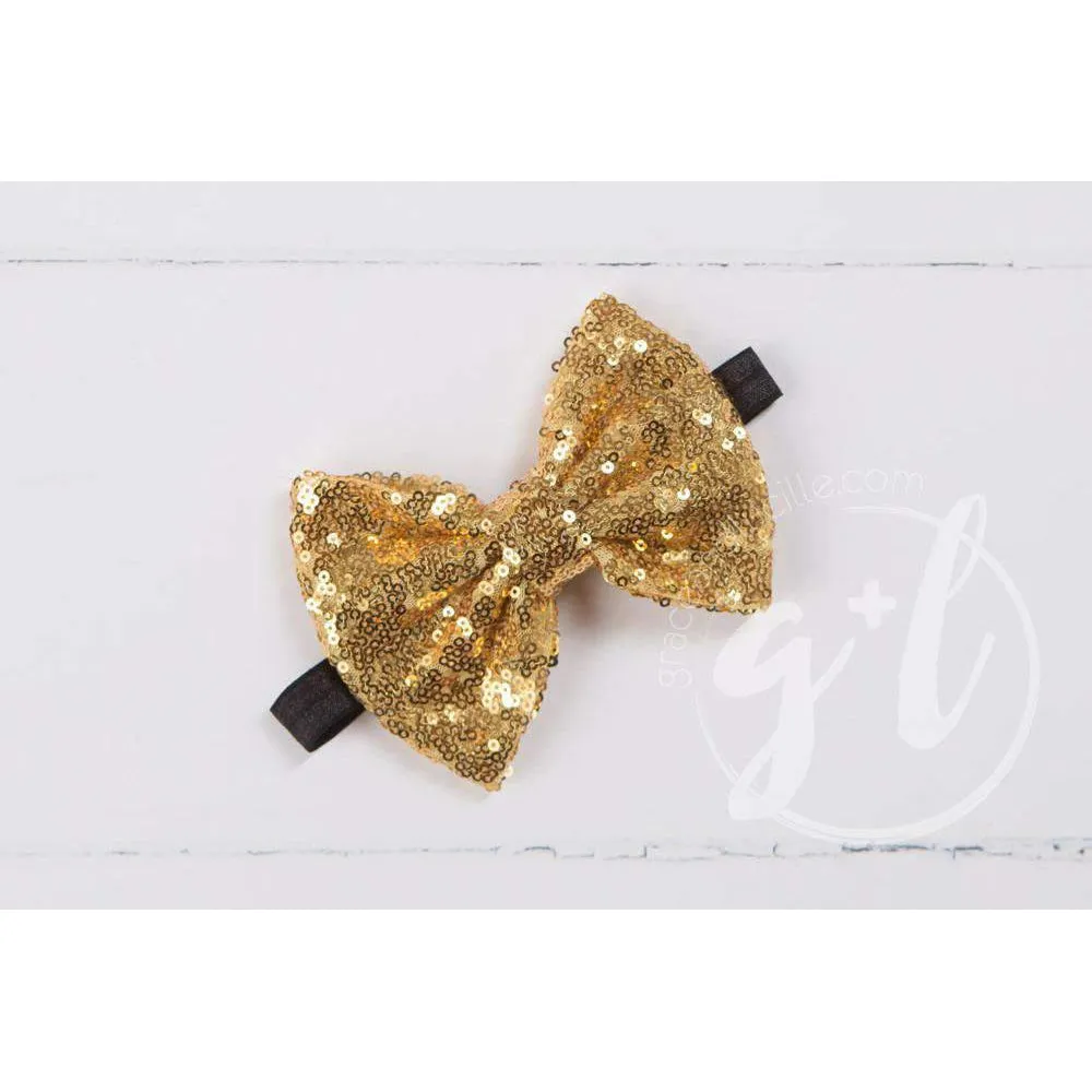 Two-in-One Sequined Bow Headband & Belt, Gold Bow with black band