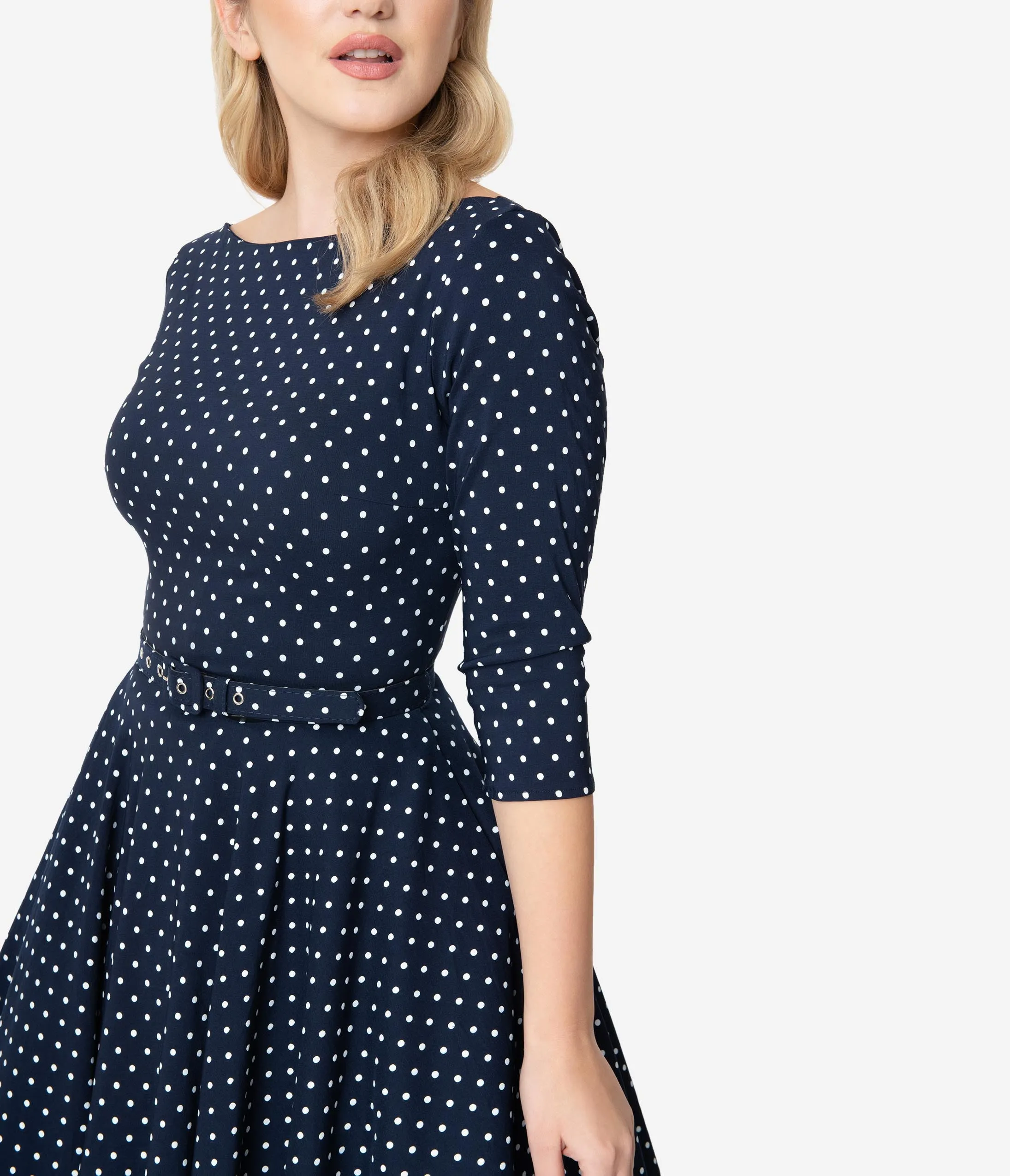 Unique Vintage 1950s Navy & White Pin Dot Sleeved Devon Swing Dress