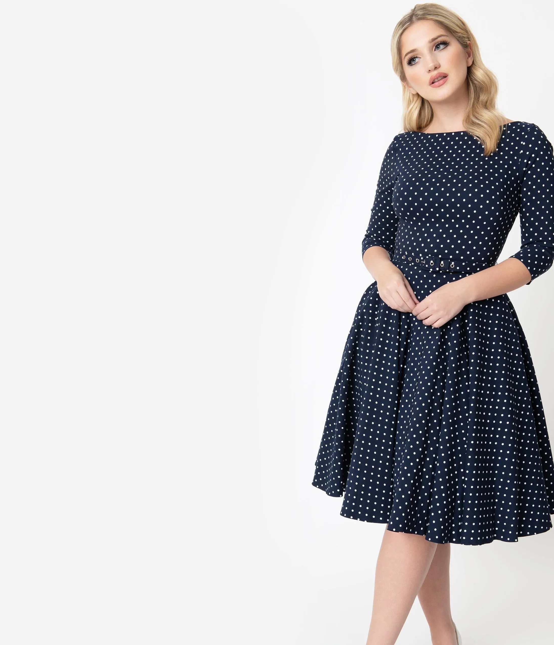 Unique Vintage 1950s Navy & White Pin Dot Sleeved Devon Swing Dress