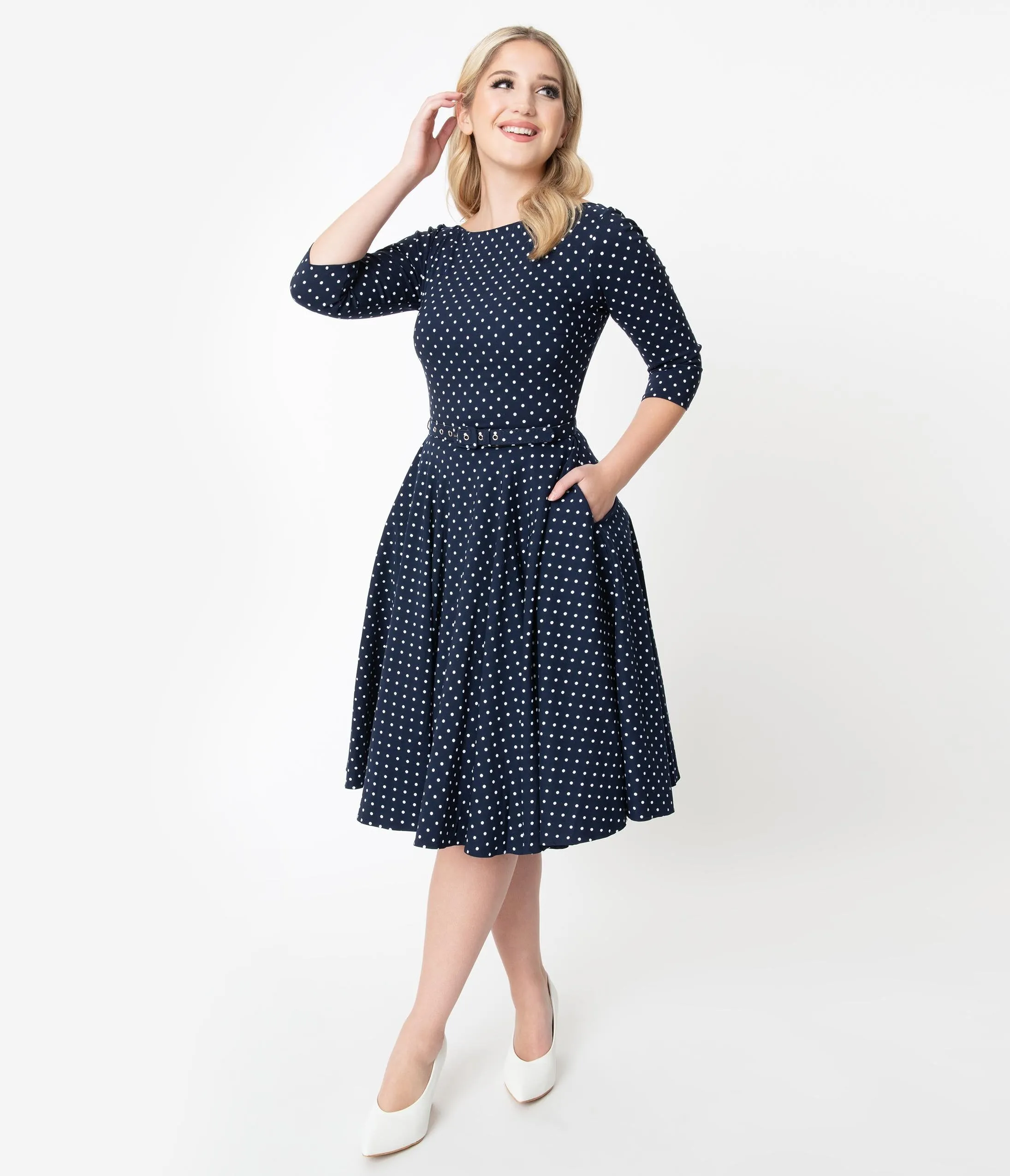 Unique Vintage 1950s Navy & White Pin Dot Sleeved Devon Swing Dress