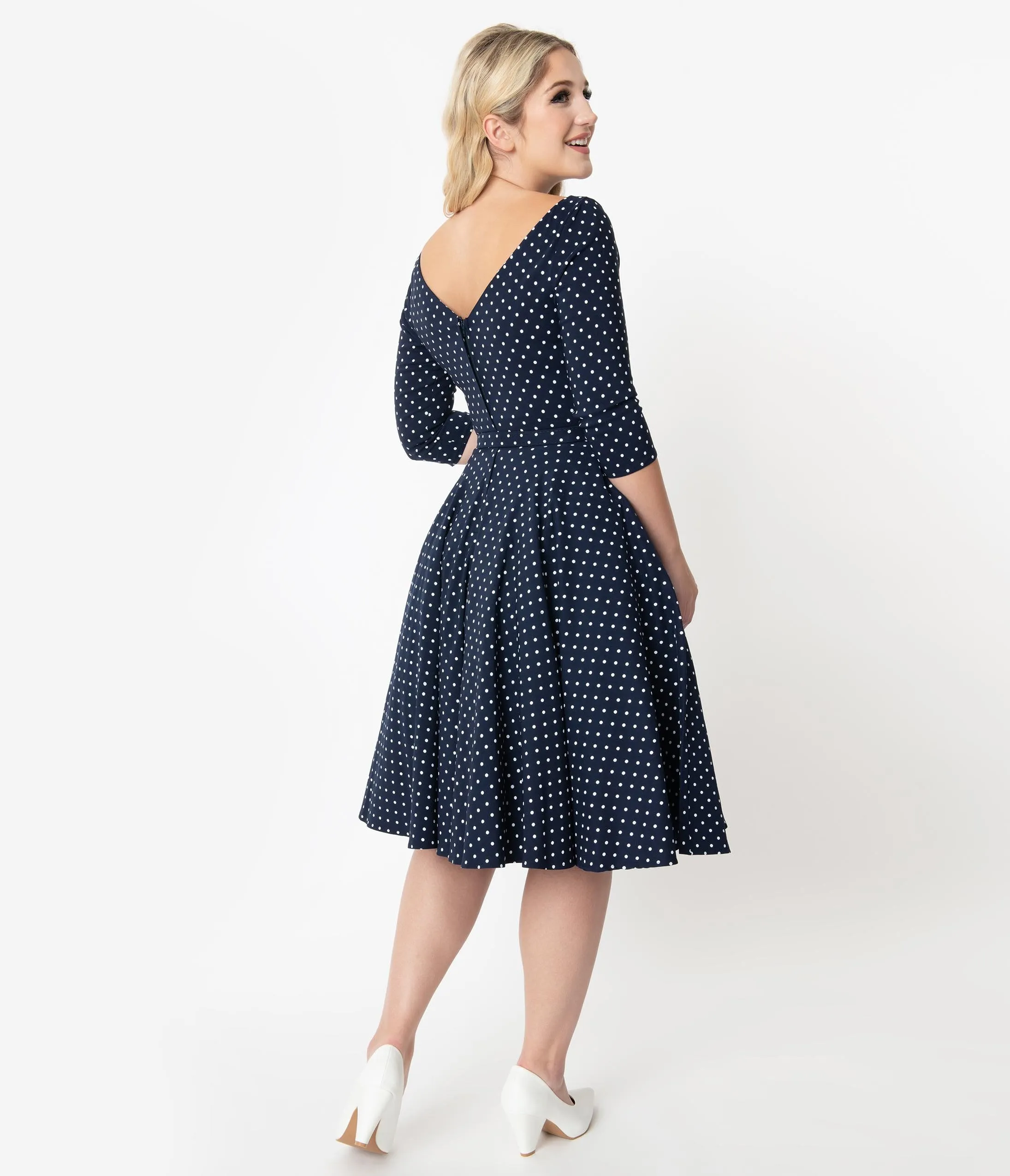 Unique Vintage 1950s Navy & White Pin Dot Sleeved Devon Swing Dress