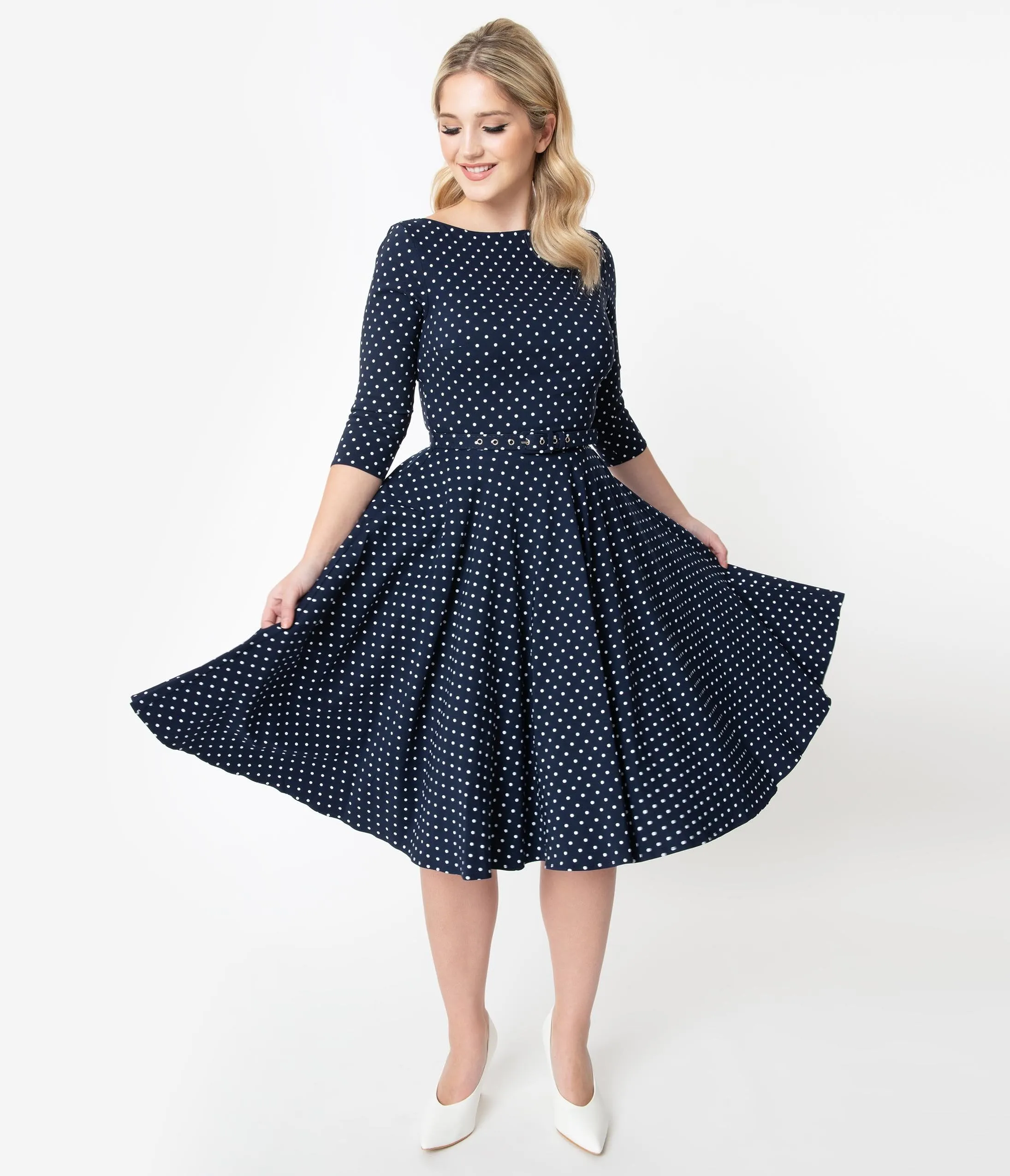 Unique Vintage 1950s Navy & White Pin Dot Sleeved Devon Swing Dress