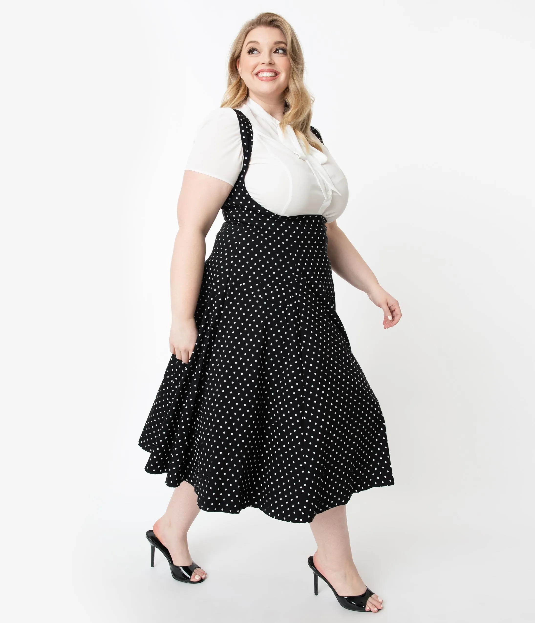 Unique Vintage Plus Size 1950s Black & White Pin Dot Amma Suspender Swing Skirt