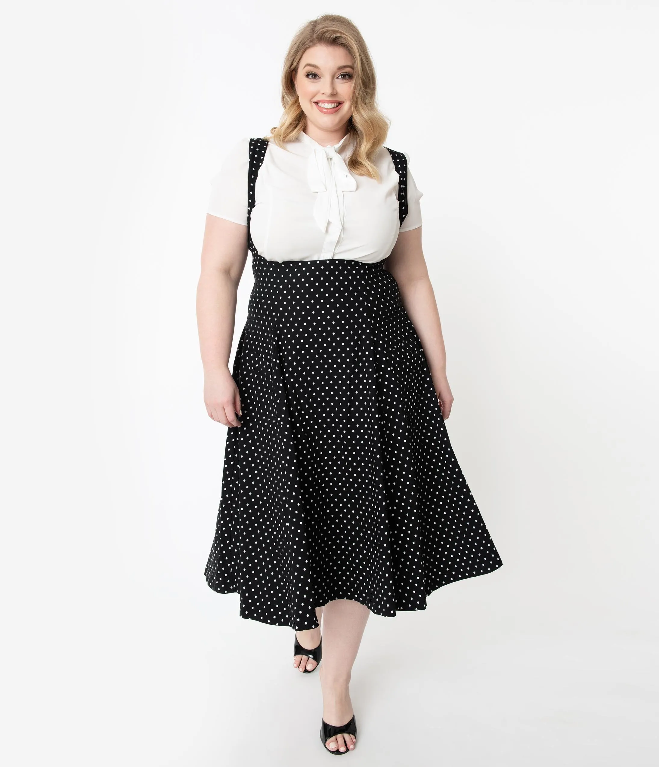 Unique Vintage Plus Size 1950s Black & White Pin Dot Amma Suspender Swing Skirt