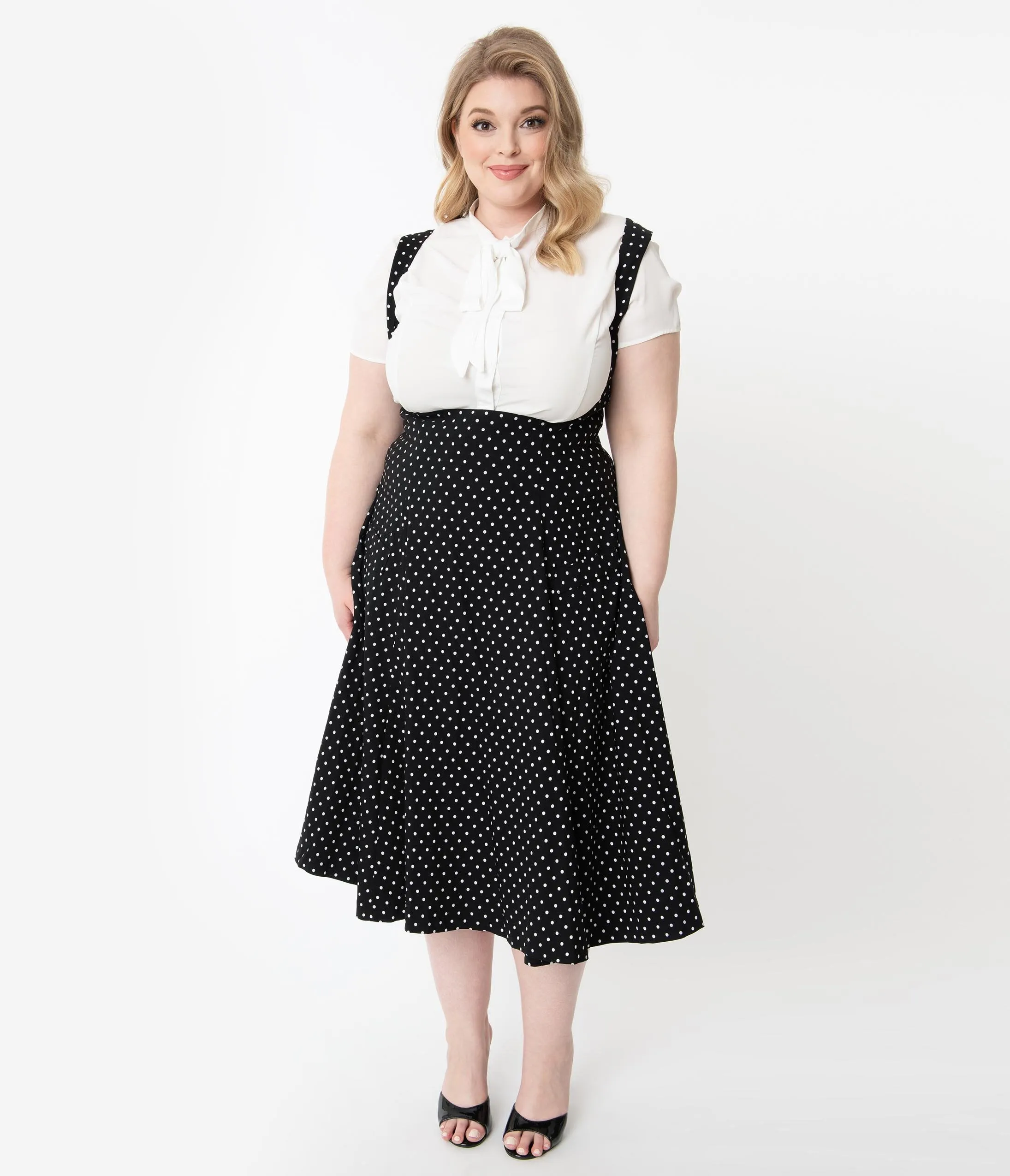 Unique Vintage Plus Size 1950s Black & White Pin Dot Amma Suspender Swing Skirt