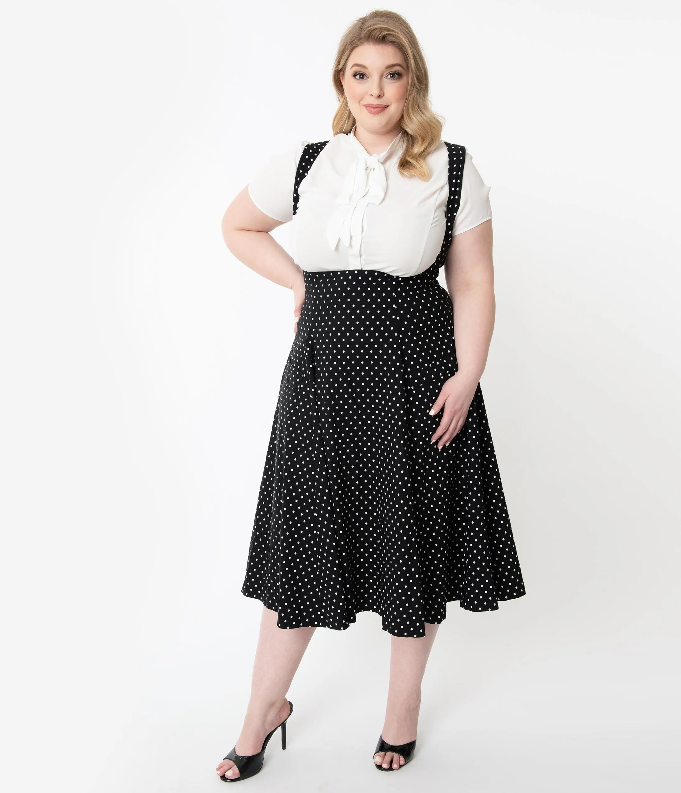 Unique Vintage Plus Size 1950s Black & White Pin Dot Amma Suspender Swing Skirt