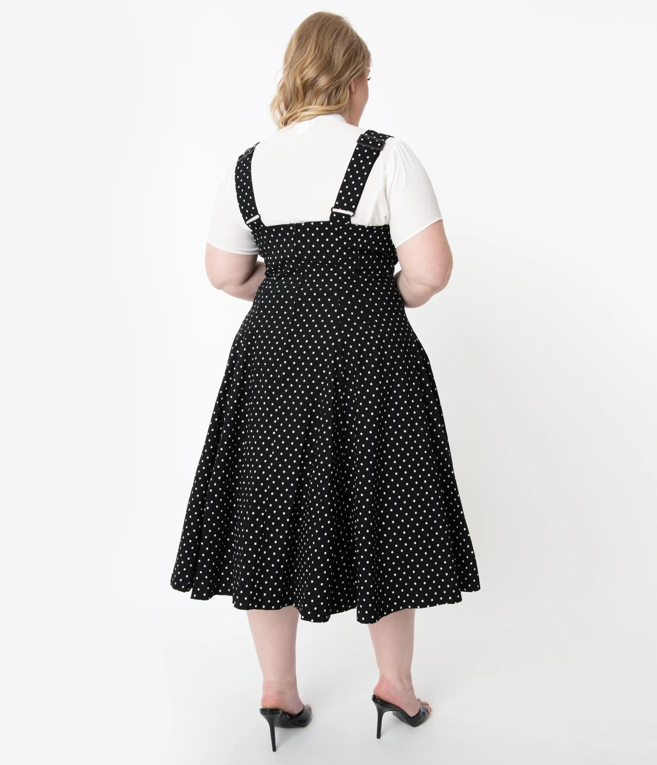 Unique Vintage Plus Size 1950s Black & White Pin Dot Amma Suspender Swing Skirt