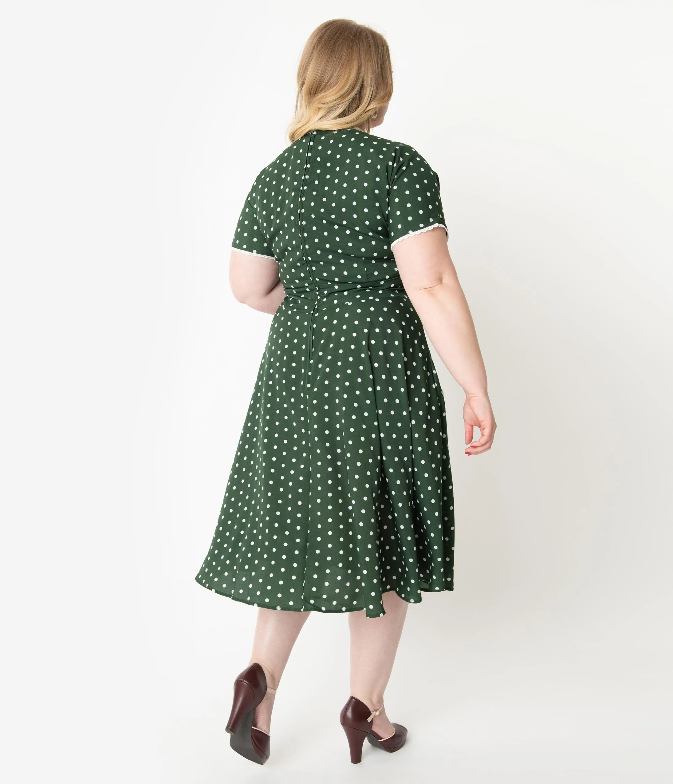 Unique Vintage Plus Size 1950s Dark Green & White Polka Dot Goldie Swing Dress