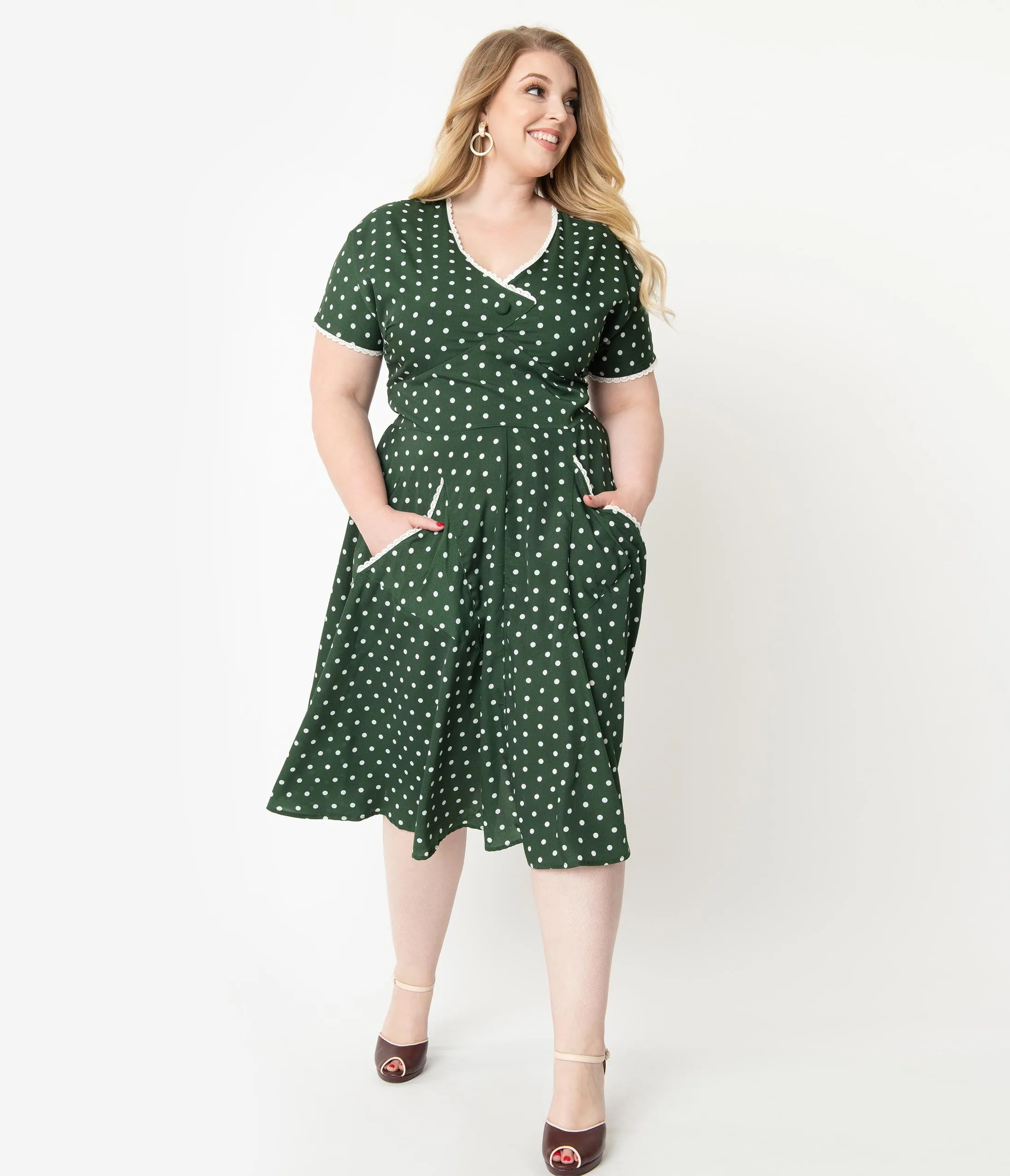 Unique Vintage Plus Size 1950s Dark Green & White Polka Dot Goldie Swing Dress