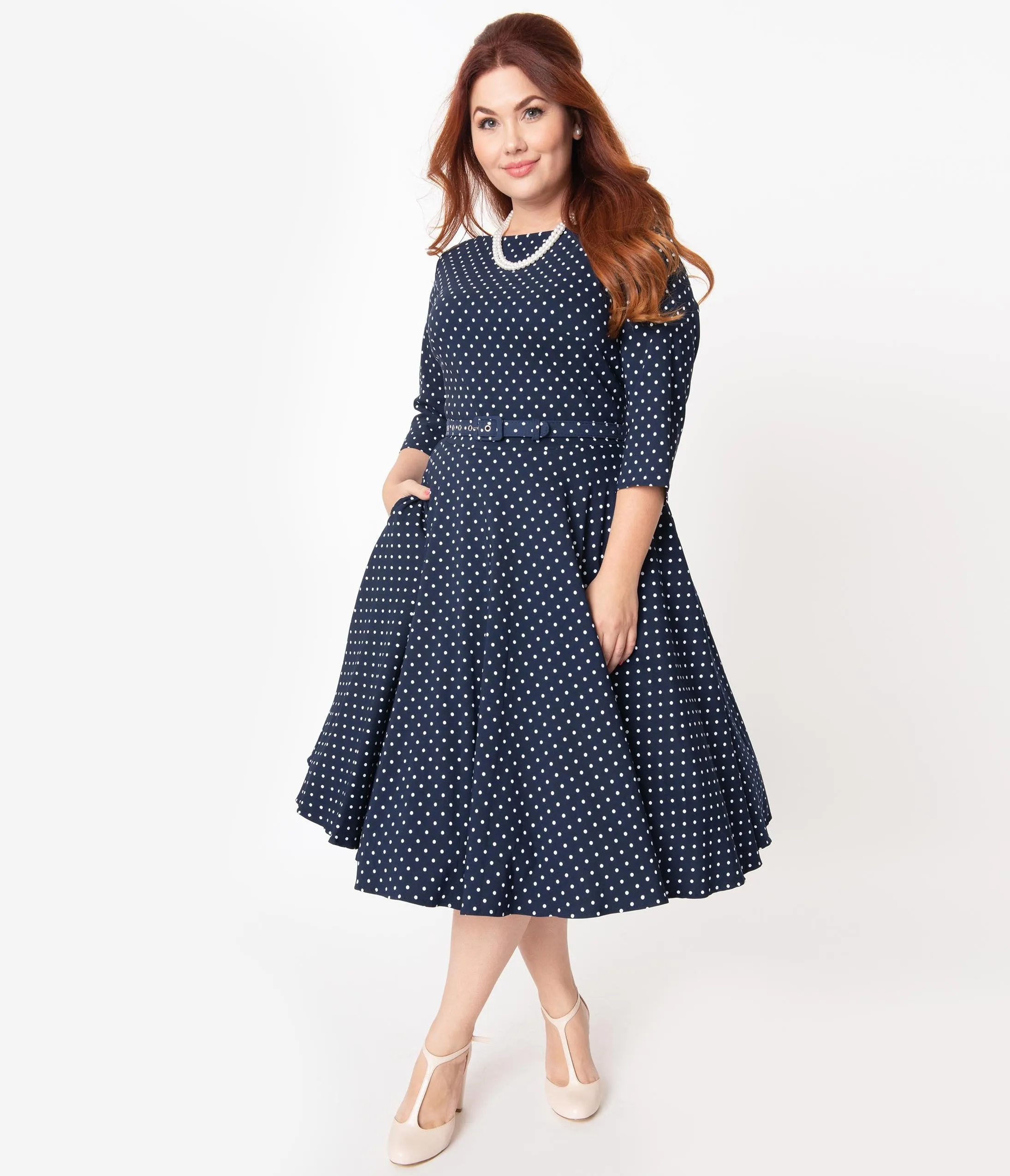 Unique Vintage Plus Size 1950s Navy & White Pin Dot Devon Swing Dress