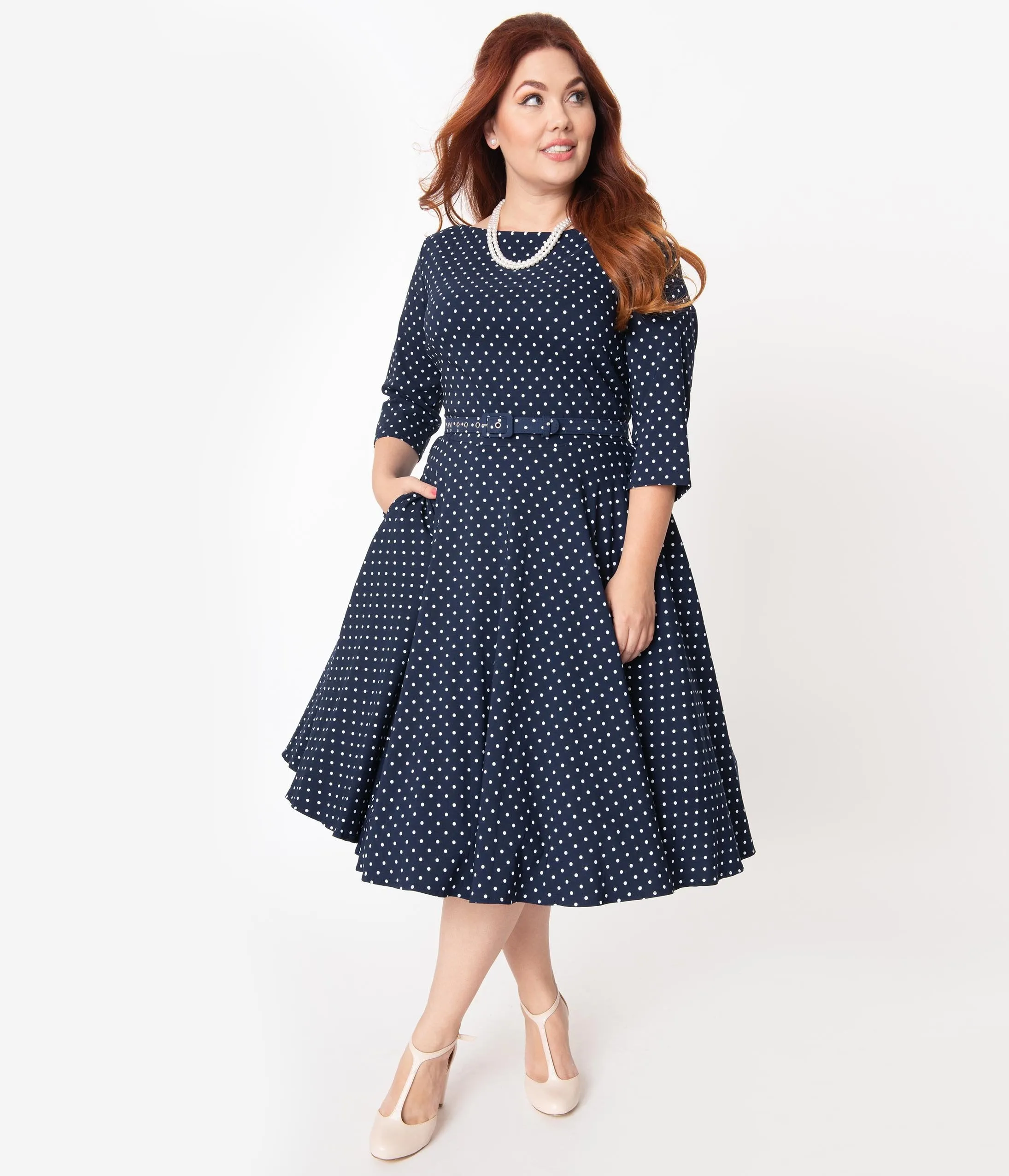 Unique Vintage Plus Size 1950s Navy & White Pin Dot Devon Swing Dress