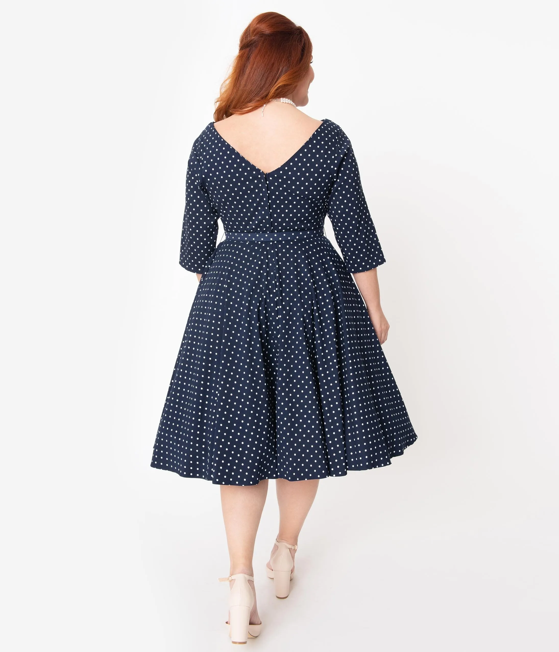 Unique Vintage Plus Size 1950s Navy & White Pin Dot Devon Swing Dress