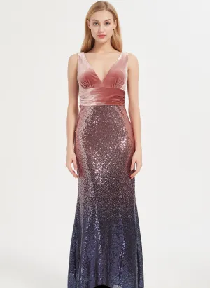 Velvet Bridesmaid Dress Mermaid Sequined Skirt with V-Neckline