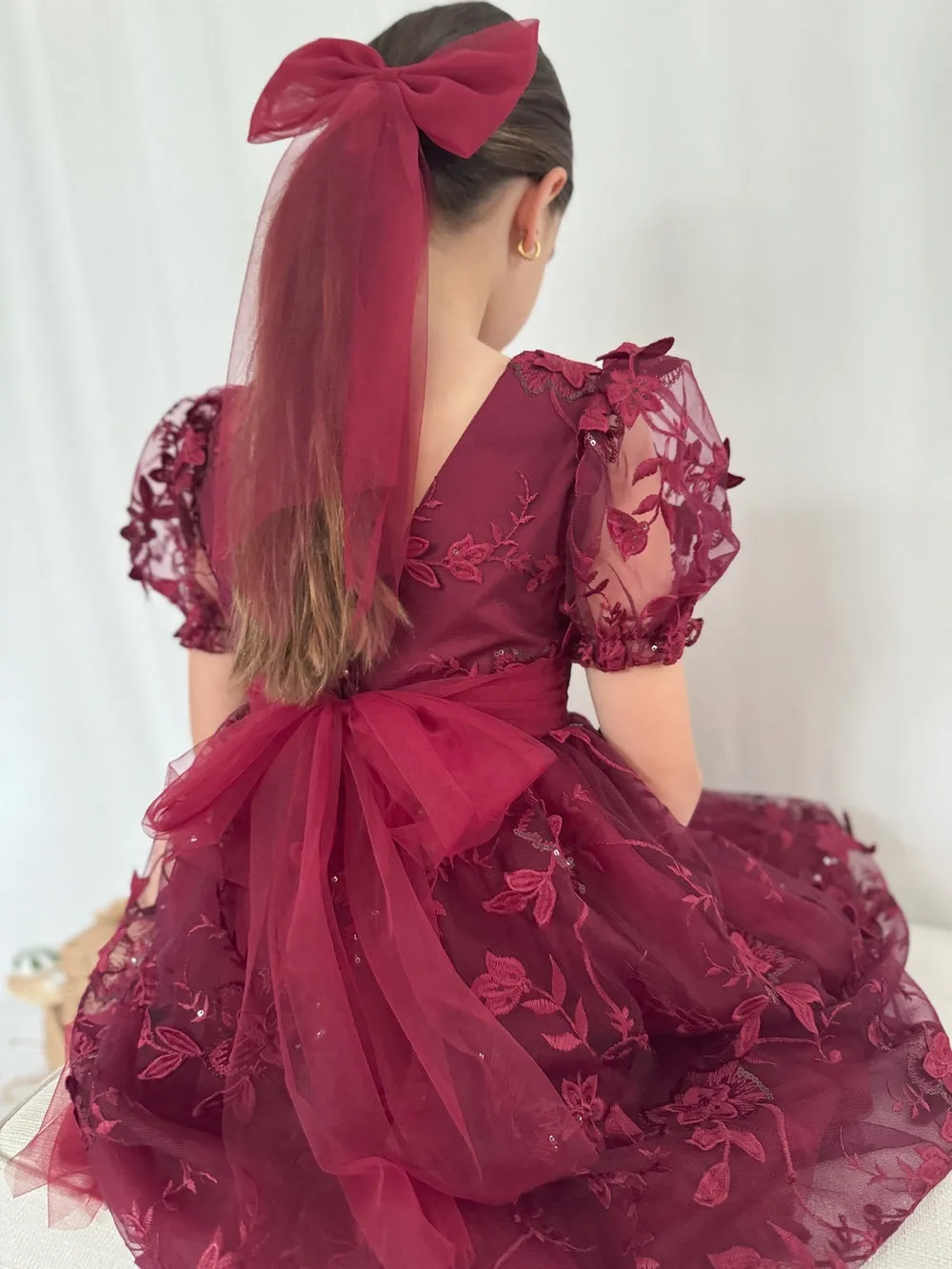 Vienna Long Tulle Bow - Burgundy