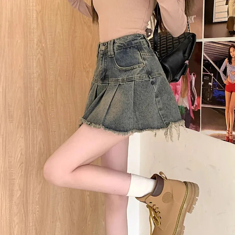 Vintage 90S Denim Mini Skirt Women Y2K 2000S Streetwear Pleated Jeans Skirts Harajuku Korean High Waist A Line Skirt New